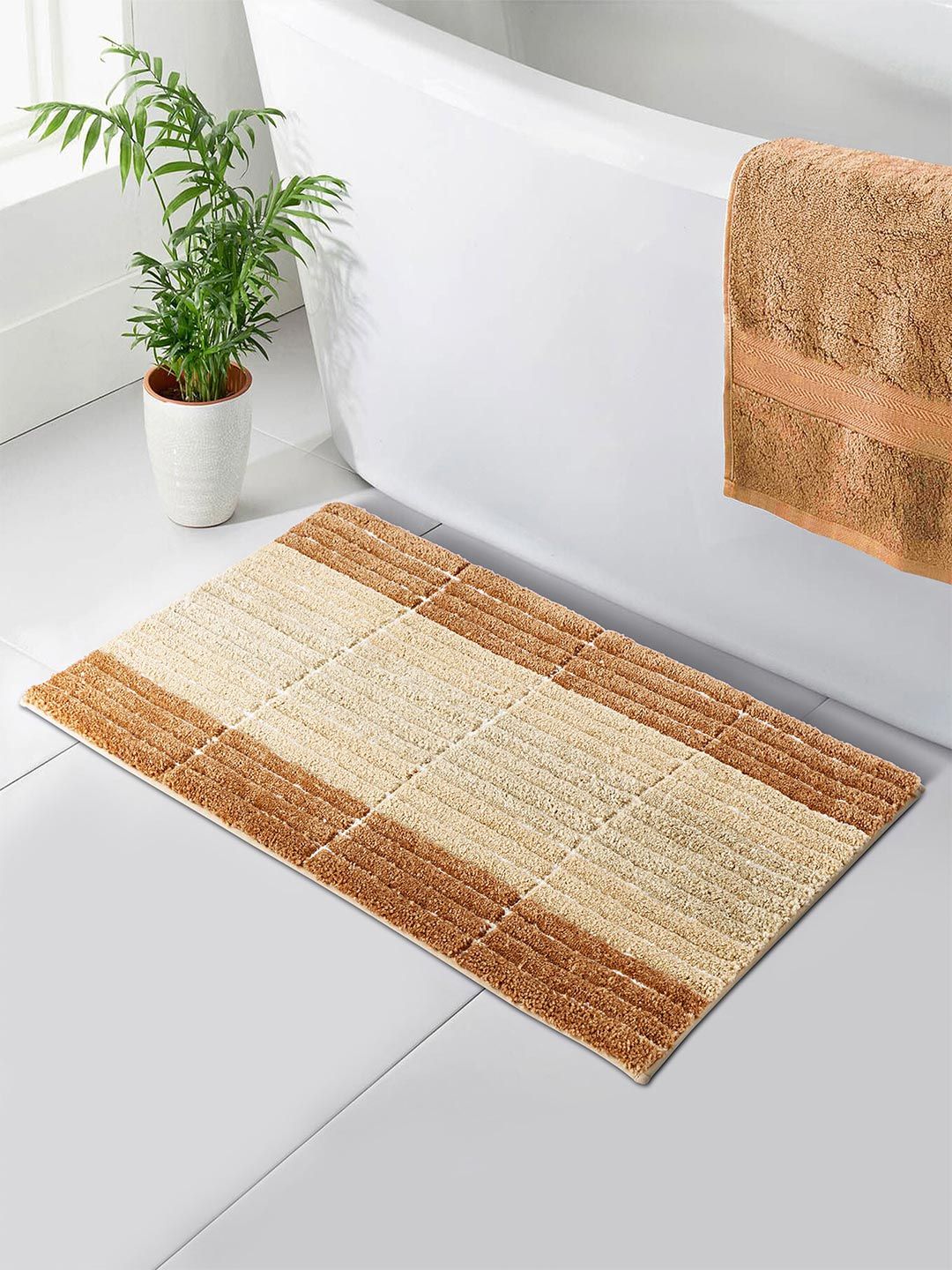 OBSESSIONS Beige Printed 2000 GSM Anti Skid Bath Rug