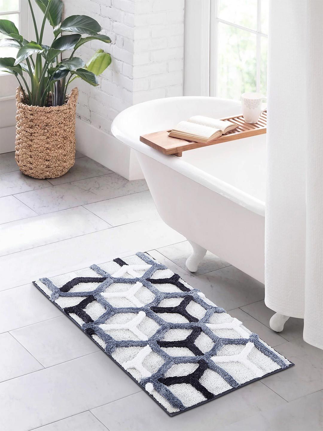 OBSESSIONS Grey & White Printed 2000 GSM Anti Skid Bath Rug