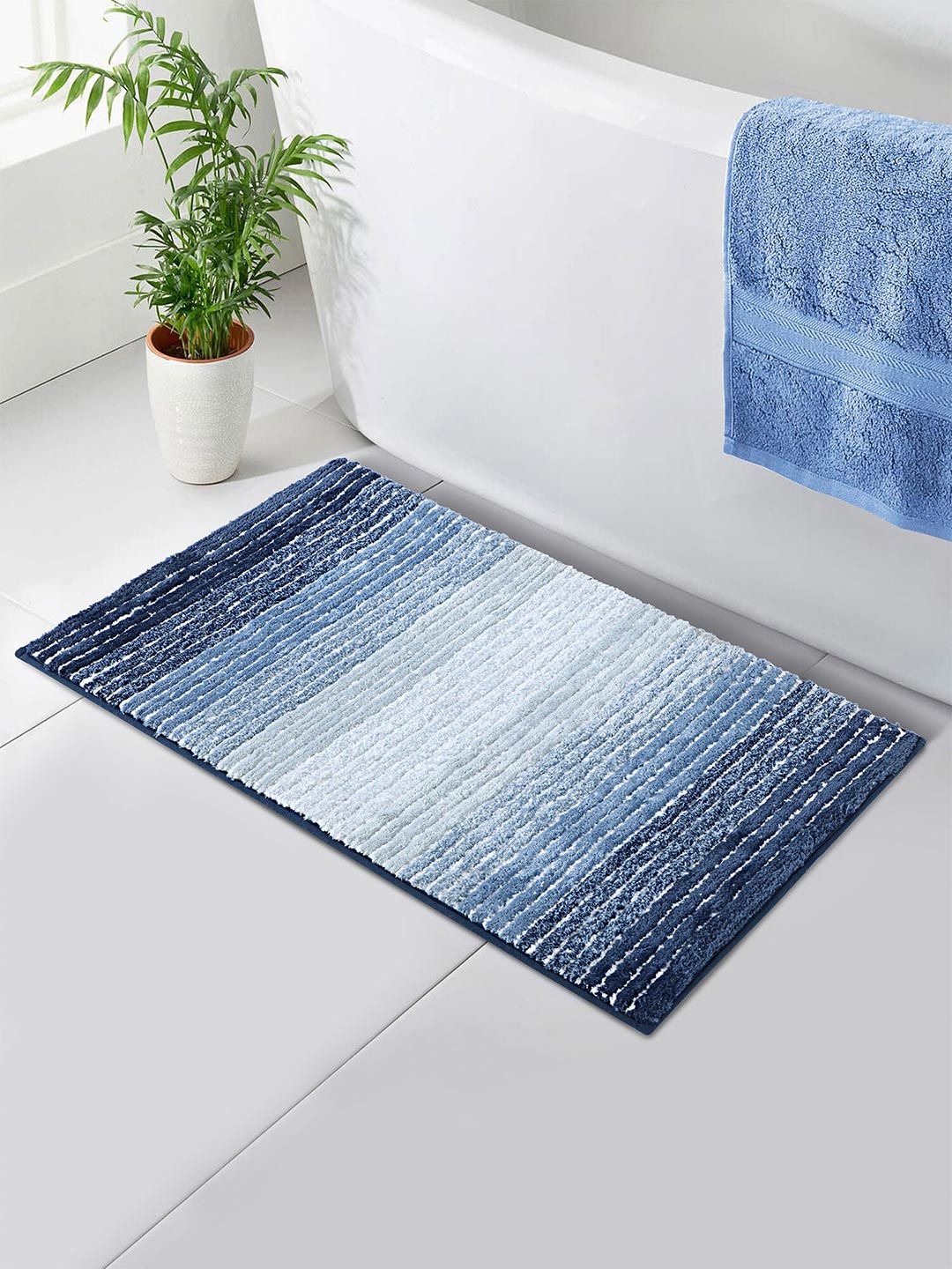 OBSESSIONS Blue & White Printed 2000 GSM Anti Skid Bath Rug