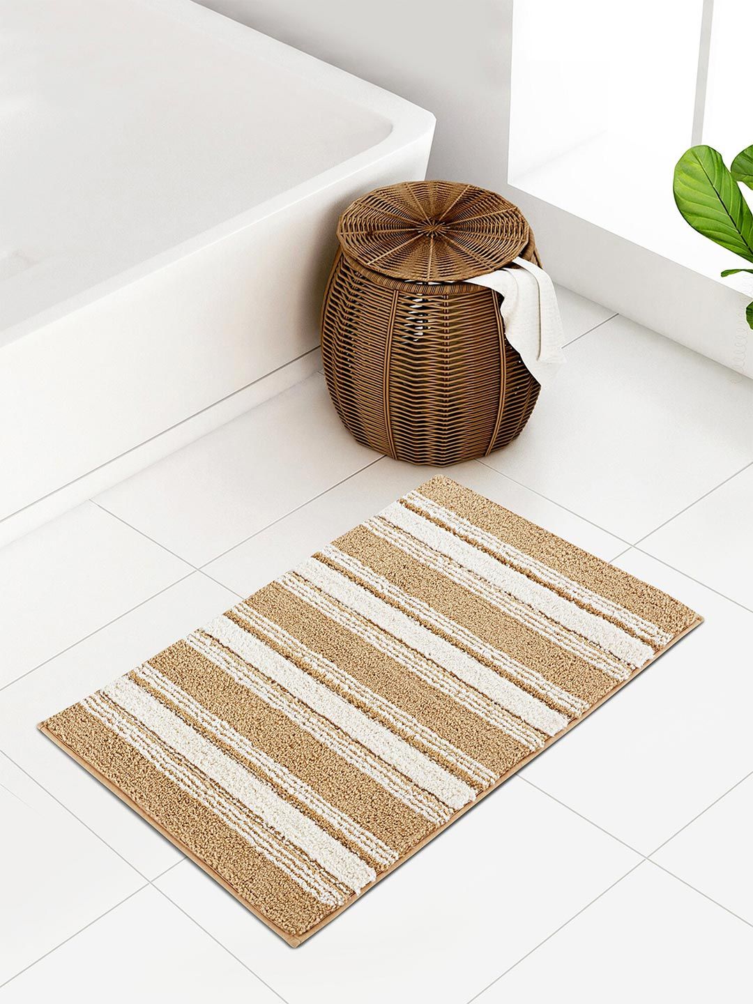 OBSESSIONS Beige & White Striped 2000 GSM Anti Skid Bath Rug