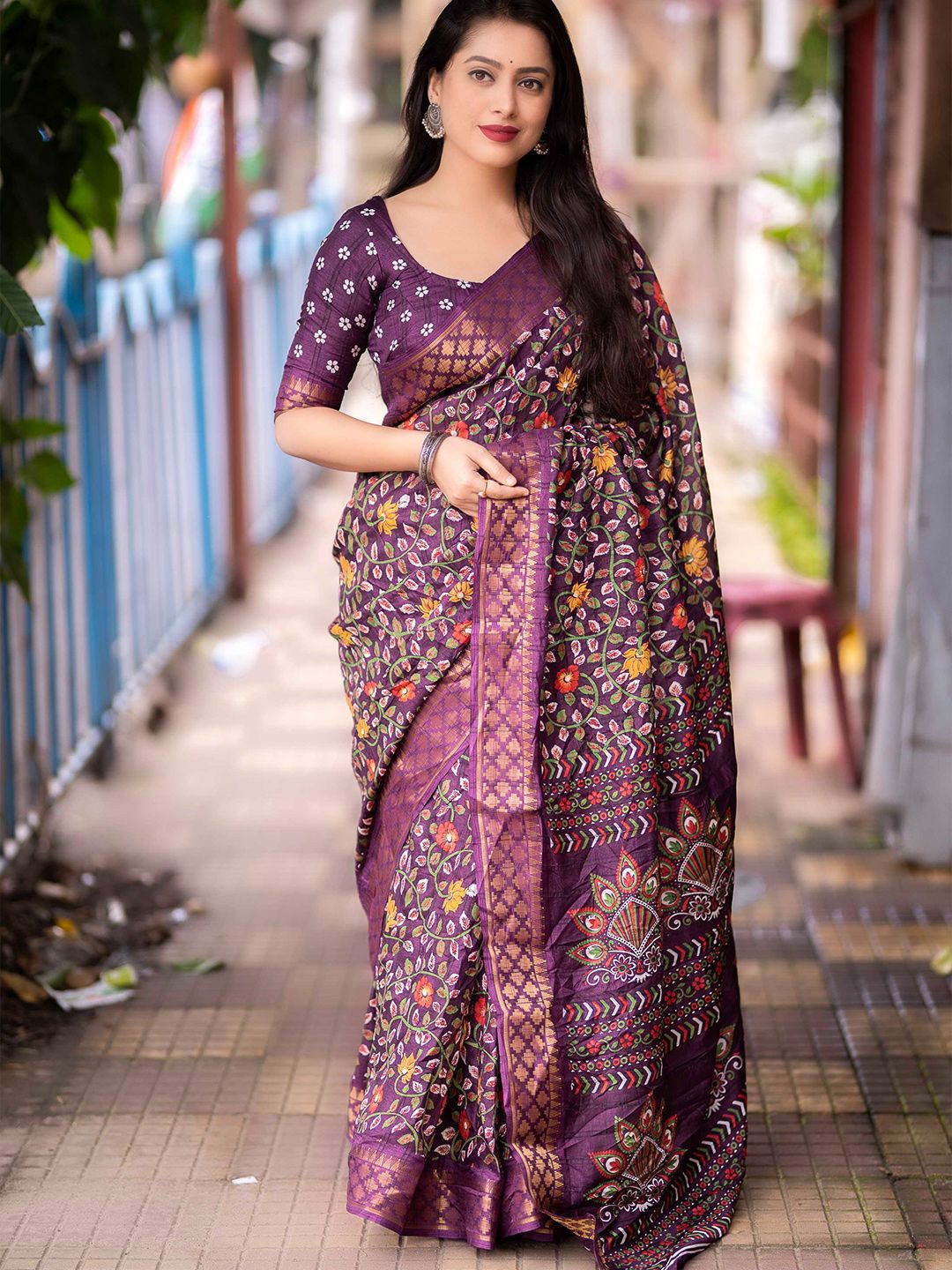 Mitera Purple Kalamkari Printed Zari Woven Design Saree Price in India