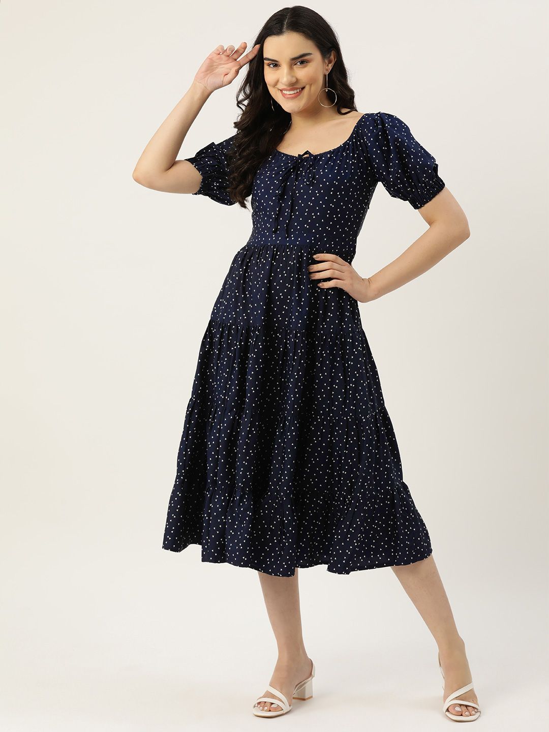 Rue Collection Geometric Print Tie-Up Neck Puff Sleeve Crepe Fit & Flare Midi Dress Price in India