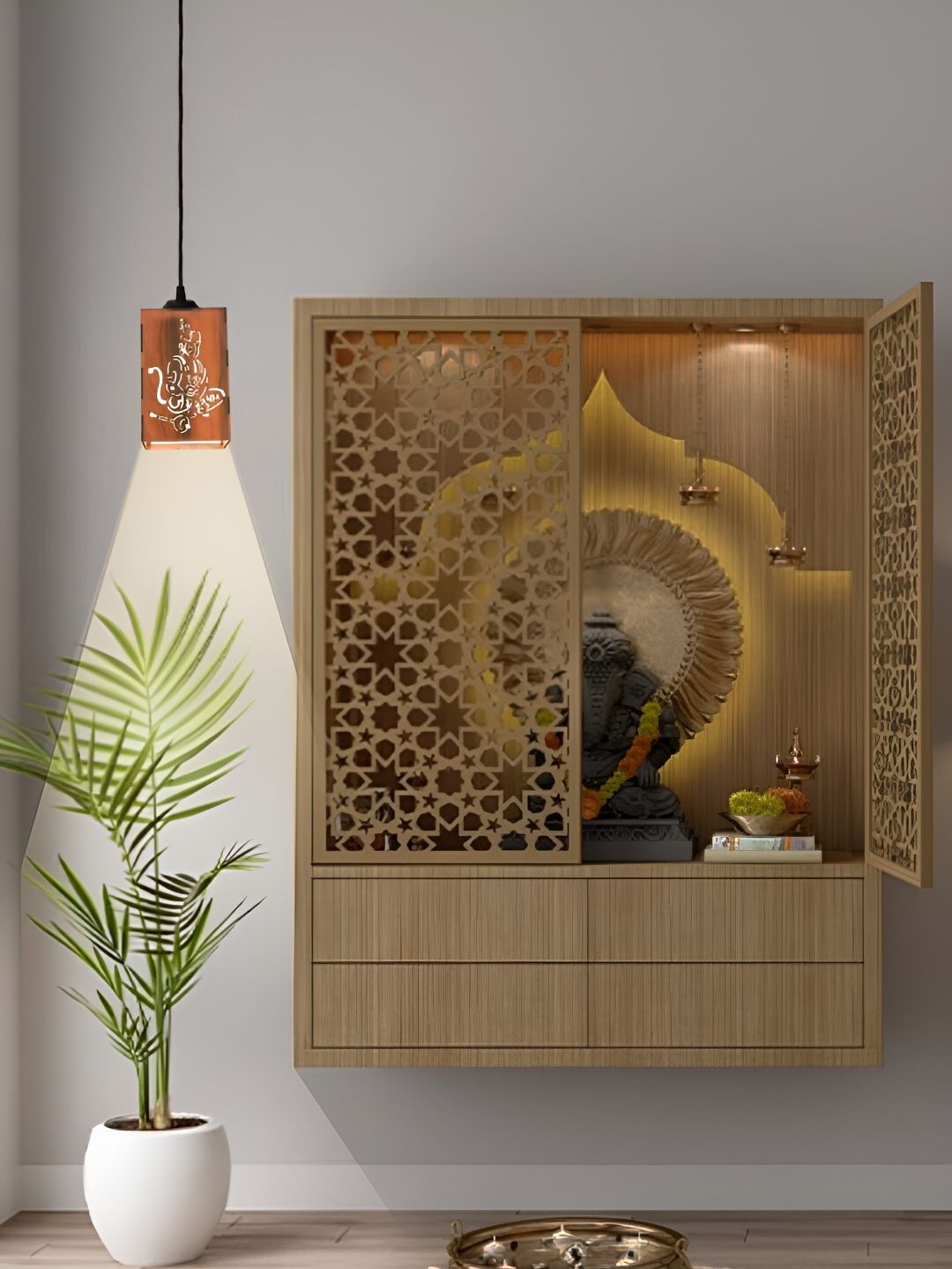Gojeeva Brown & White 2 Pieces Textured Contemporary Wooden Ceiling Lamps