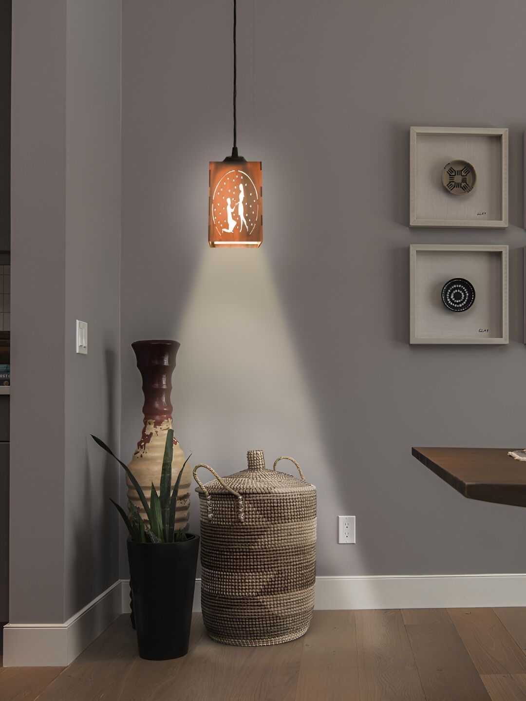 Gojeeva Brown Textured Wooden Ceiling Lamp With Adjustable Cord