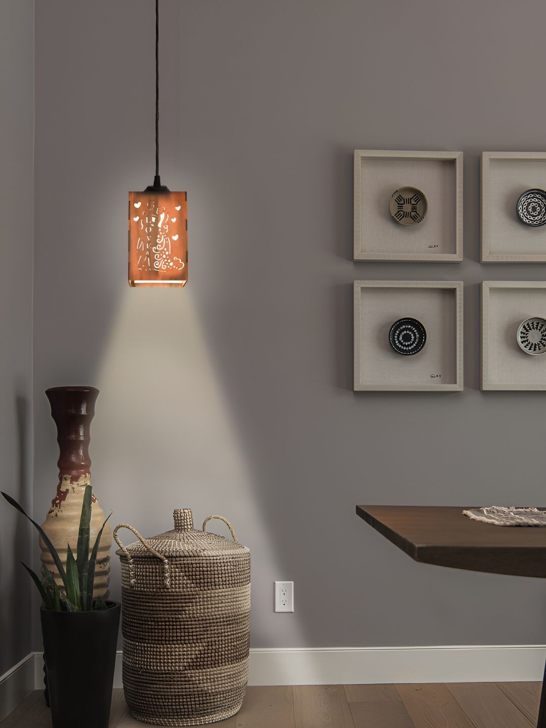 Gojeeva Brown 2 Pieces Textured Wooden Ceiling Lamp With Adjustable Cord
