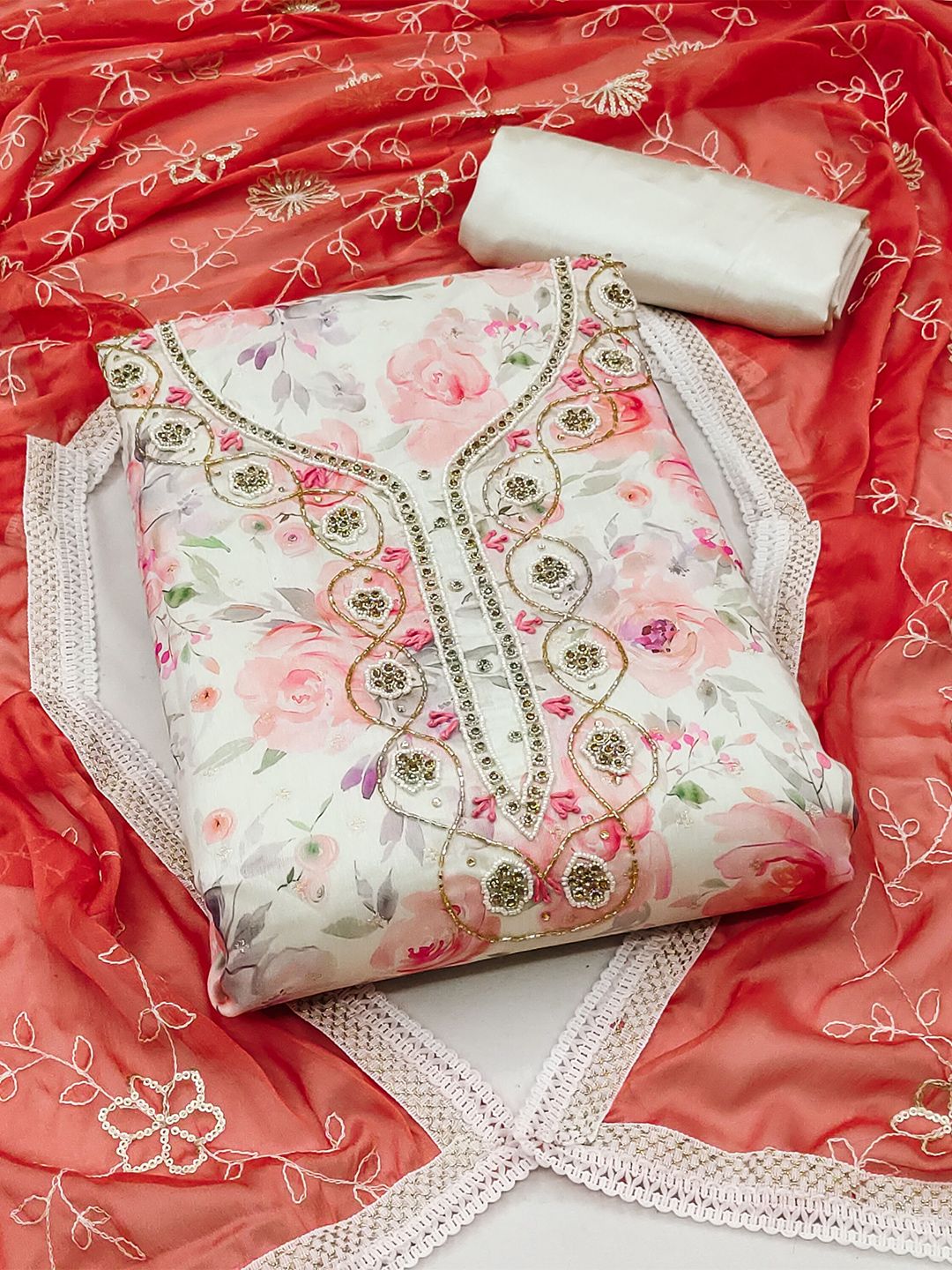 KALINI Floral Printed Beads & Stones Detailed Modal Cotton Unstitched Dress Material