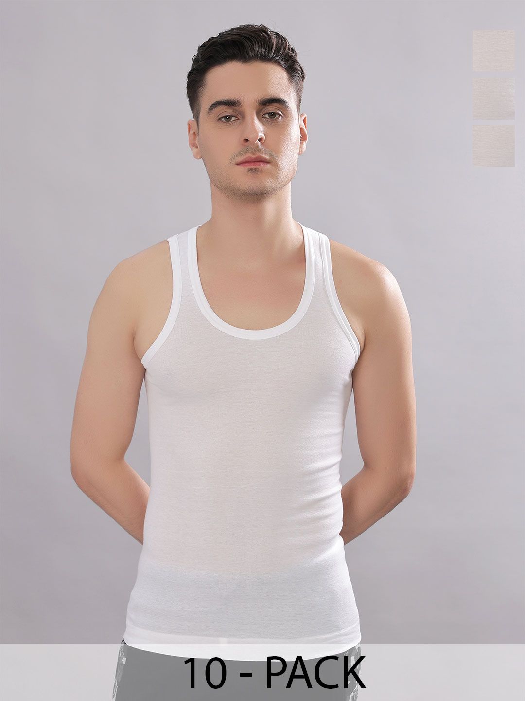 Dollar Bigboss Men Solid Pack of 10 White Combed Cotton Ribbed Regular Fit Casual Vest