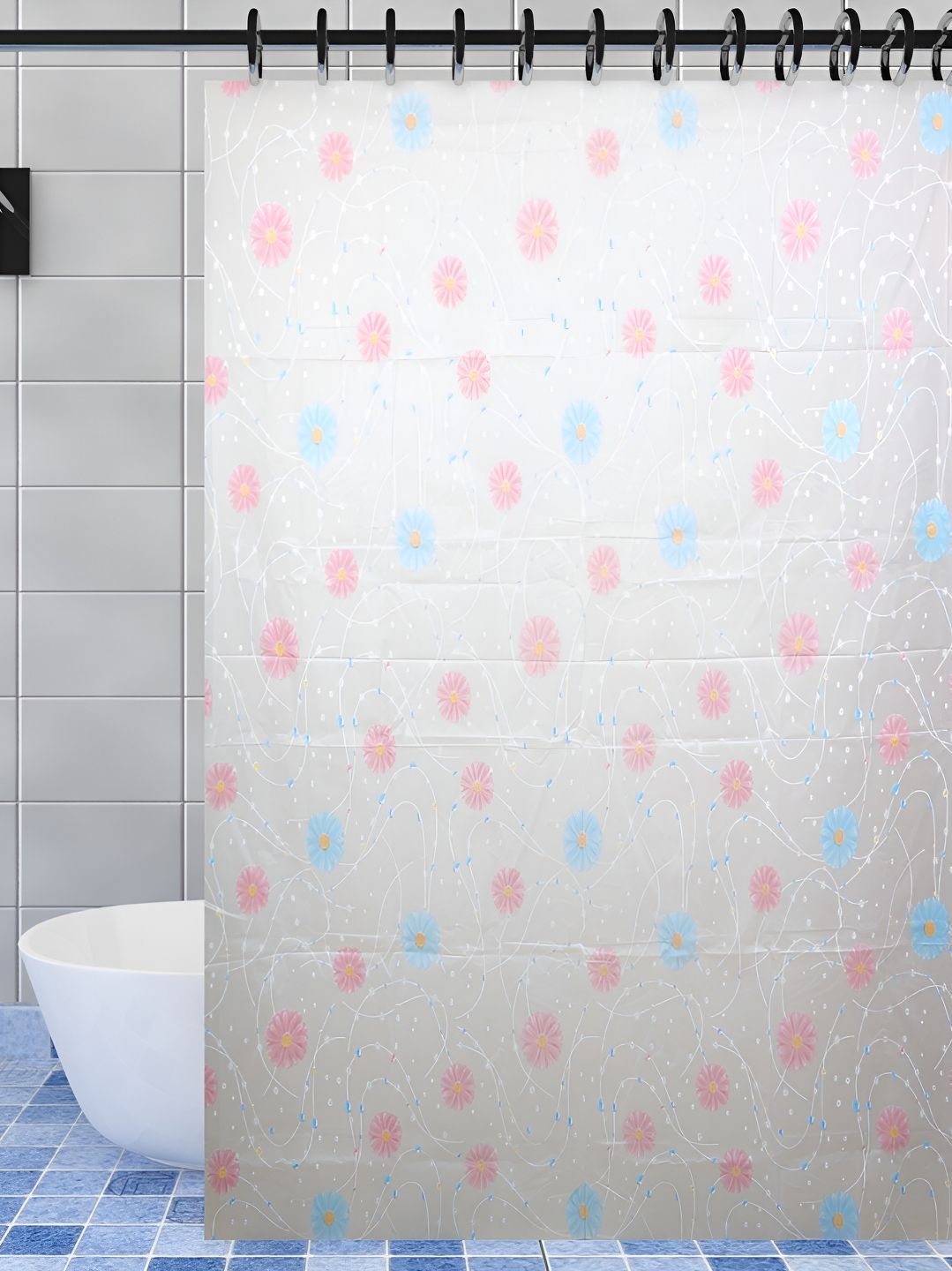 Aura White & Pink Floral Printed Semi Sheer Waterproof Shower Curtain