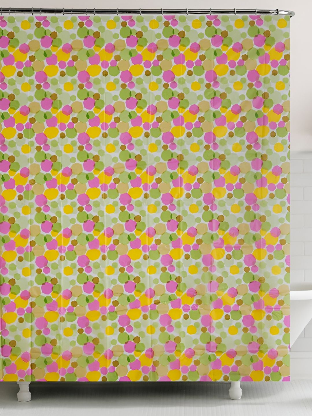Aura Yellow & Pink Floral Printed Semi Sheer Waterproof Shower Curtain