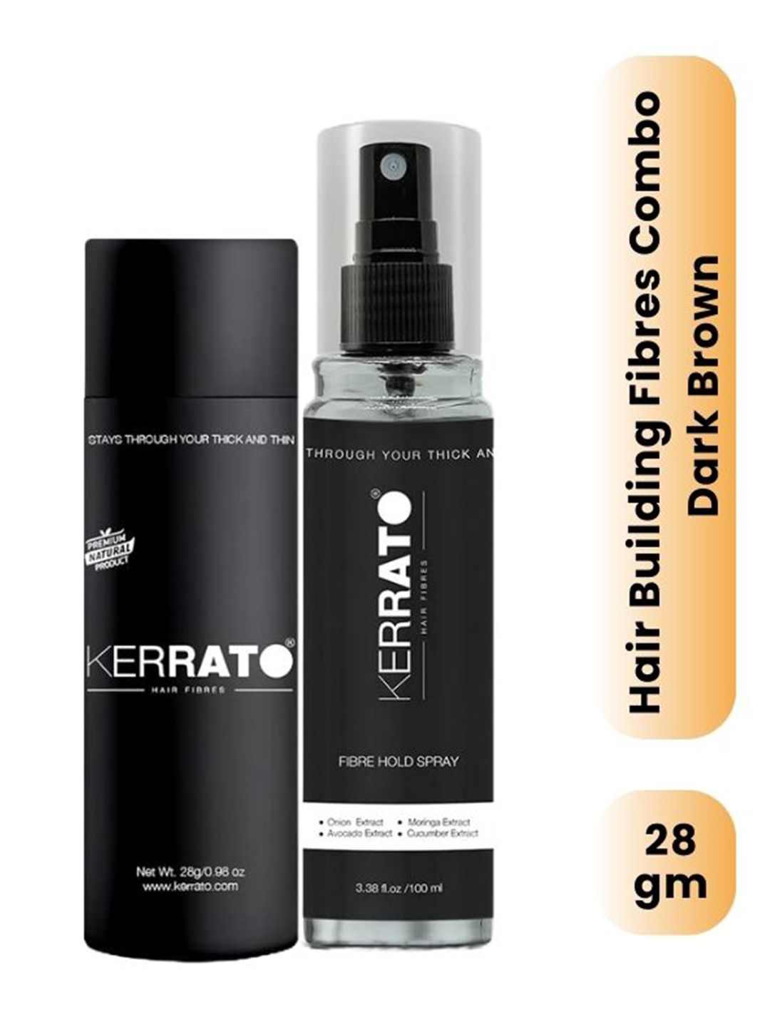 KERRATO HAIR FIBRES Set Of 2 Hair Fibres - 28g - Dark Brown & Fibre Hold Spray - 100ml