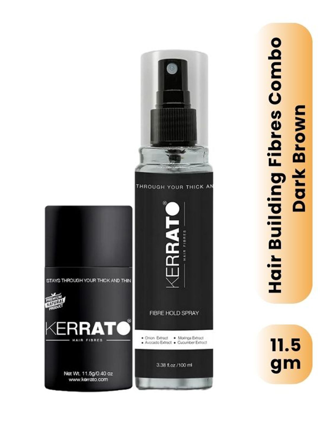 KERRATO HAIR FIBRES Set Of 2 Hair Fibres - 11.5g - Dark Brown & Fibre Hold Spray - 100ml