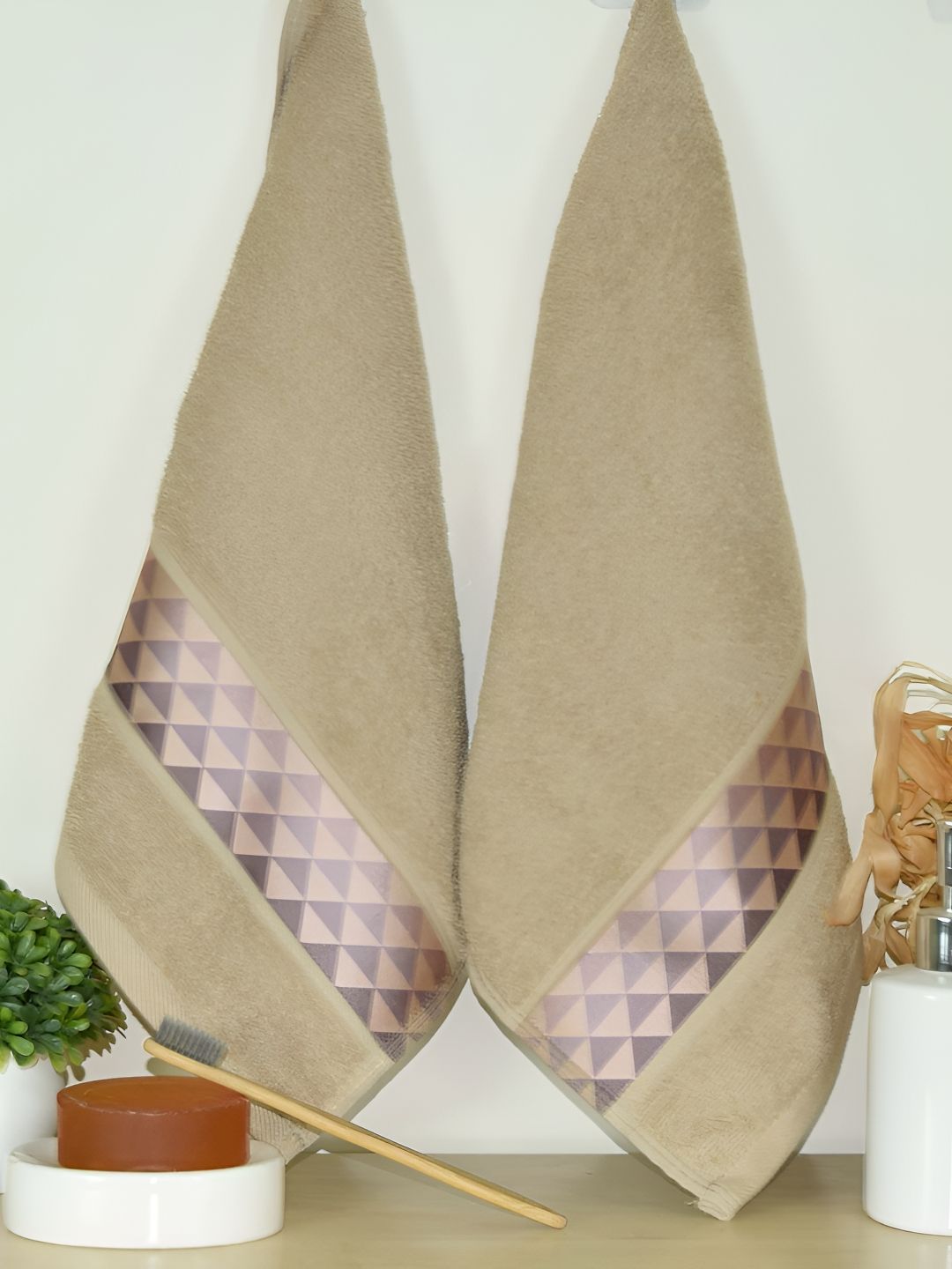 Aura Beige 2 Pcs Printed Anti Bacterial 380 GSM Cotton Hand Towel
