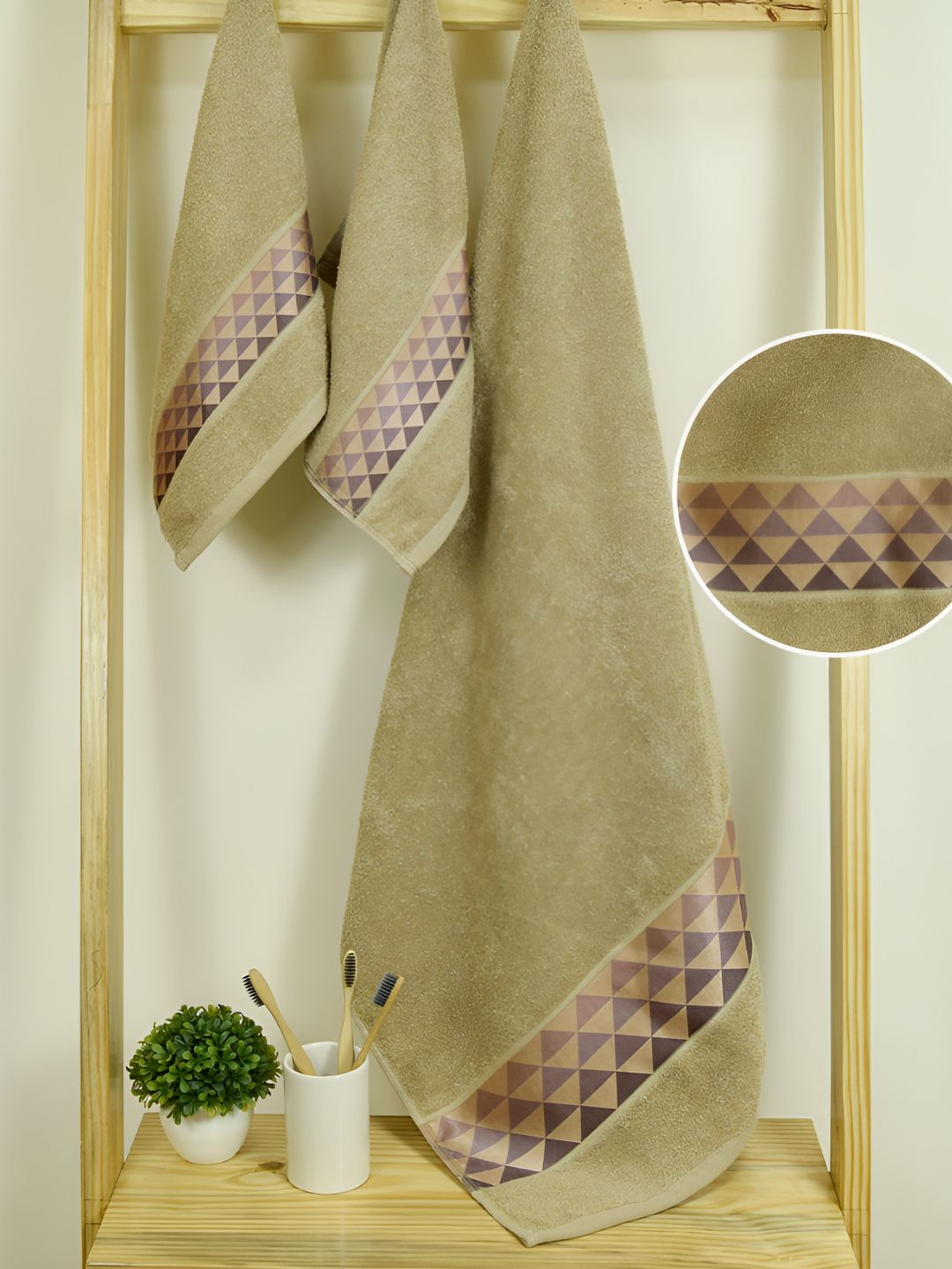 Aura Art Gallary Beige 3 Pieces Printed Cotton 380 GSM Towels