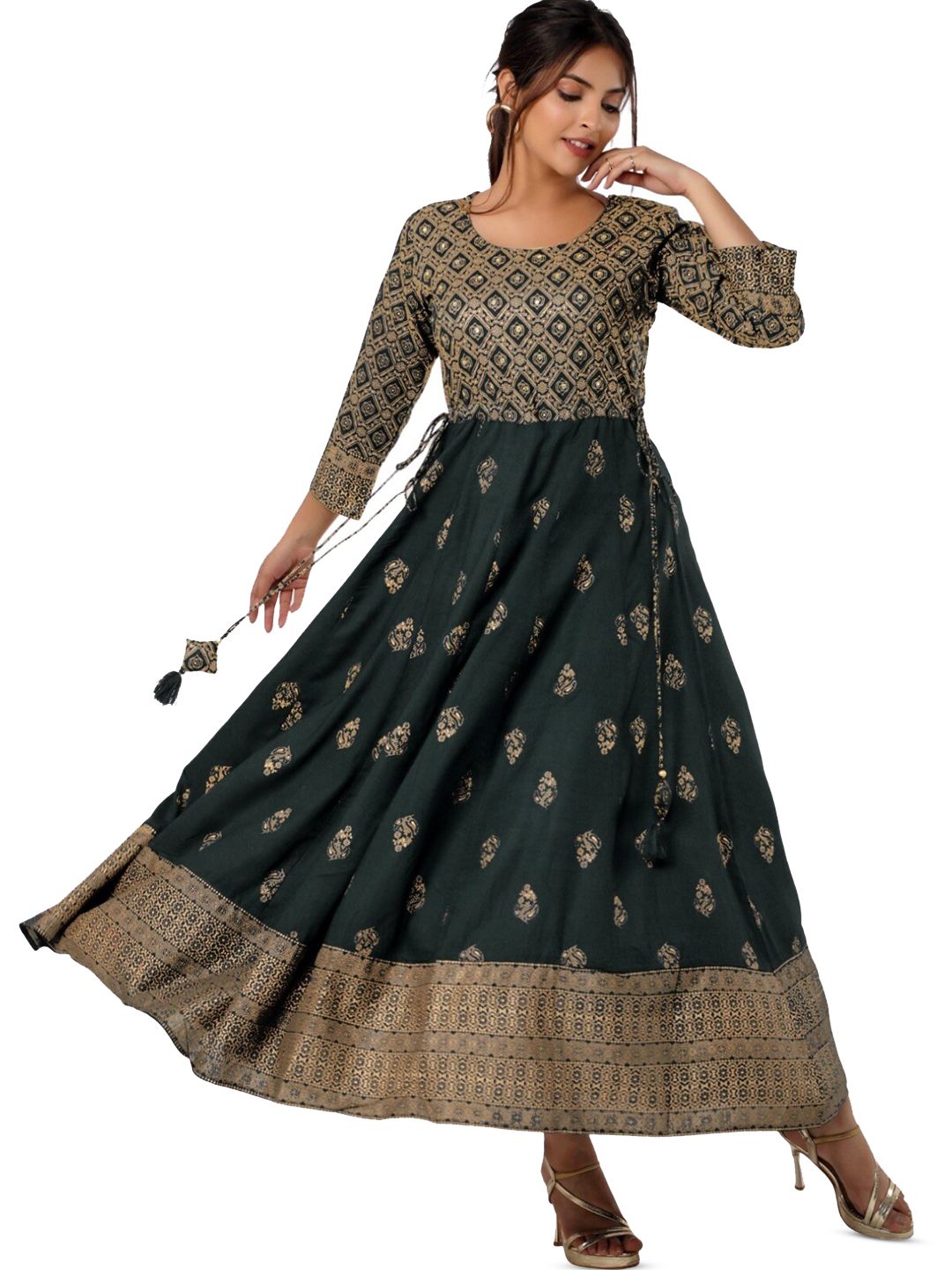 BAESD Ethnic Motifs Print Pleated A-Line Maxi Dress Price in India