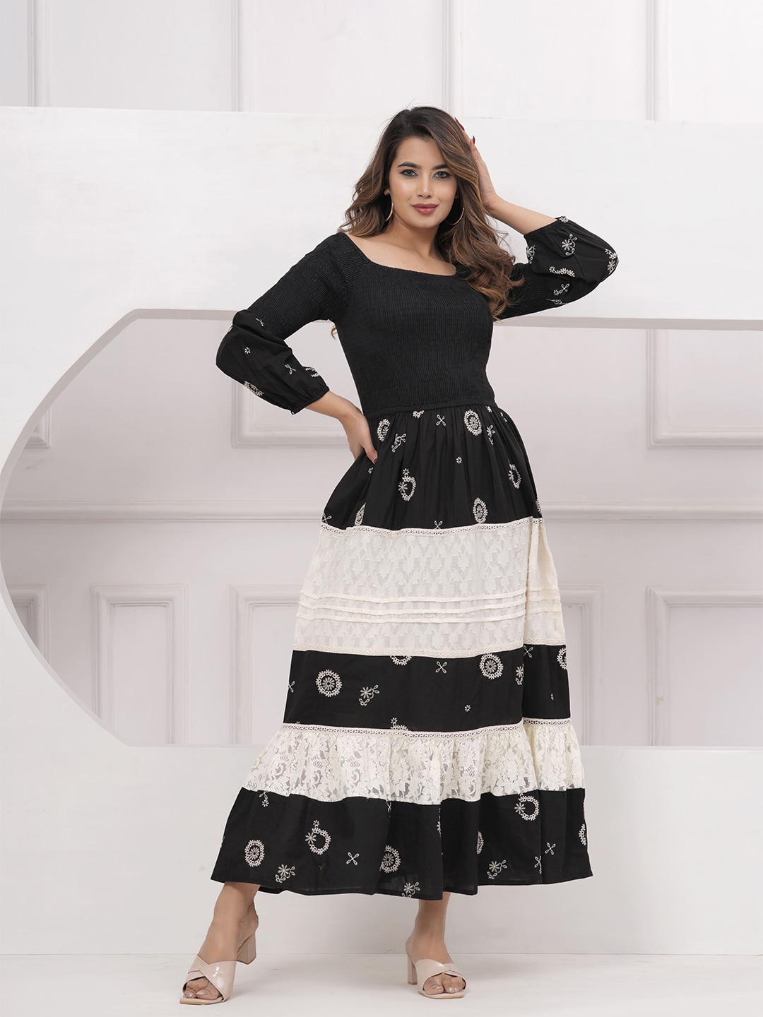 Hatheli Black Ethnic Motifs Embroidered Off-Shoulder Puff Sleeve Fit & Flare Dress Price in India