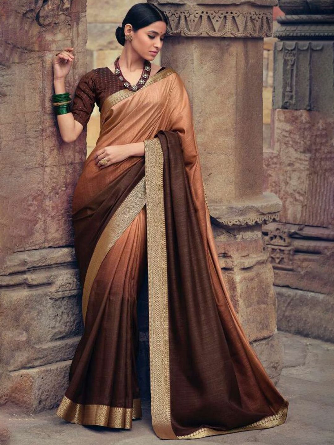 NK Textiles Brown Ombre Silk Blend Designer Tussar Saree