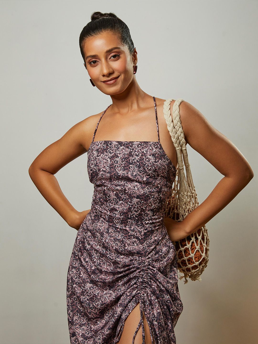 CMGE Floral Print Shoulder Straps Satin Sheath Maxi Dress Price in India