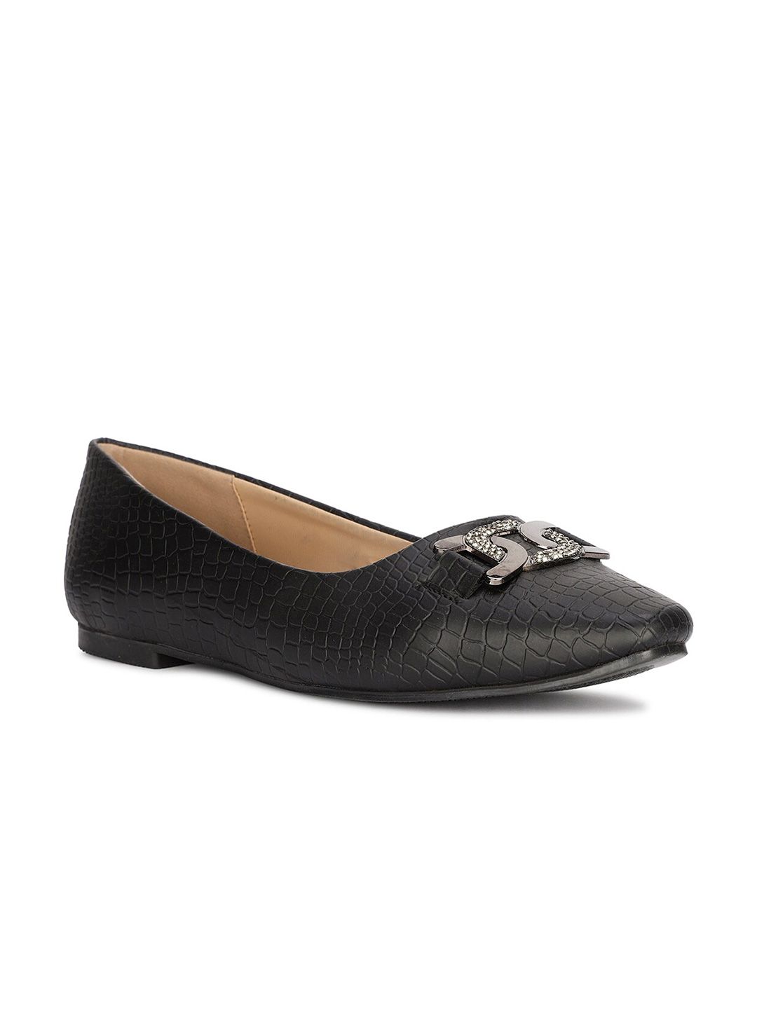 Bata Textured Round Toe Buckle Embellished Ballerinas