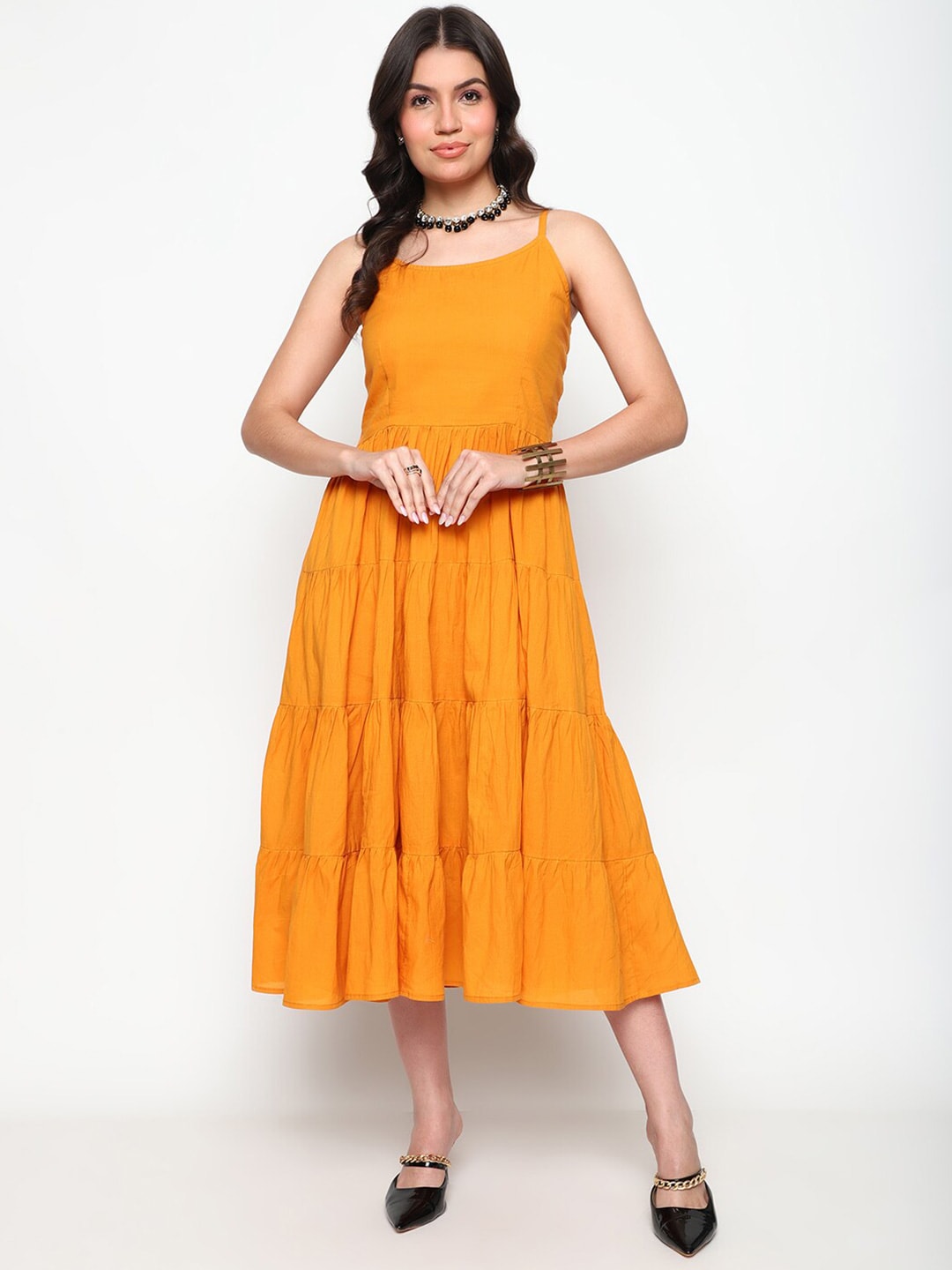 AURIELLA Fit & Flare Shoulder Straps Opaque Cotton Casual Midi Dress Price in India