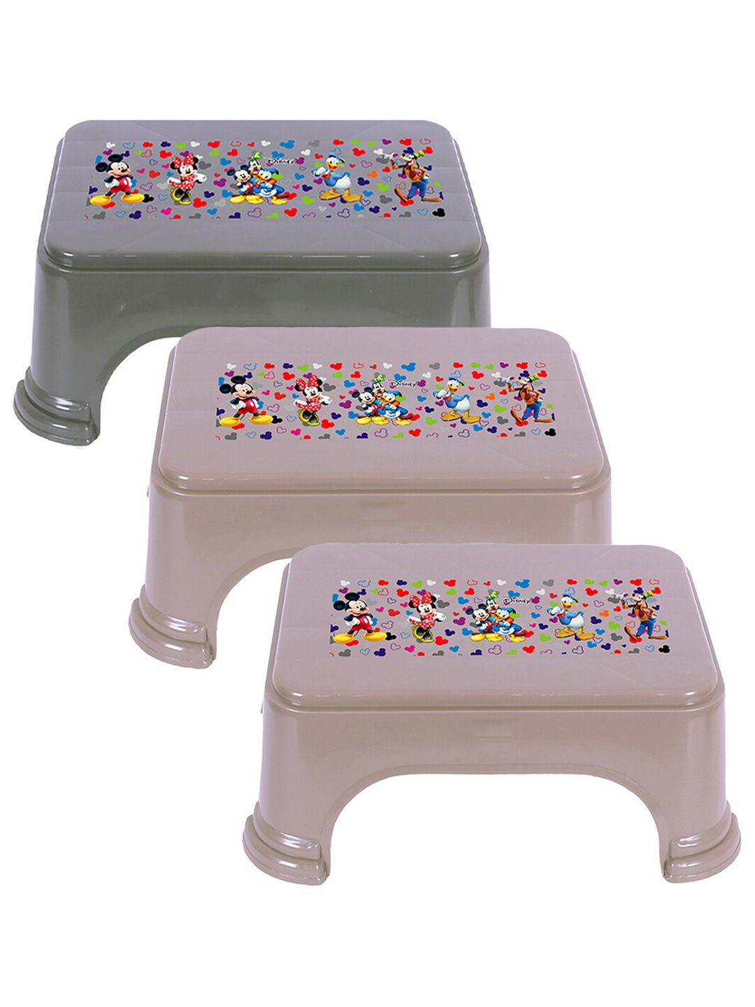 Kuber Industries Grey 3 Pieces Mickey & Friends Printed Bathroom Step Stools