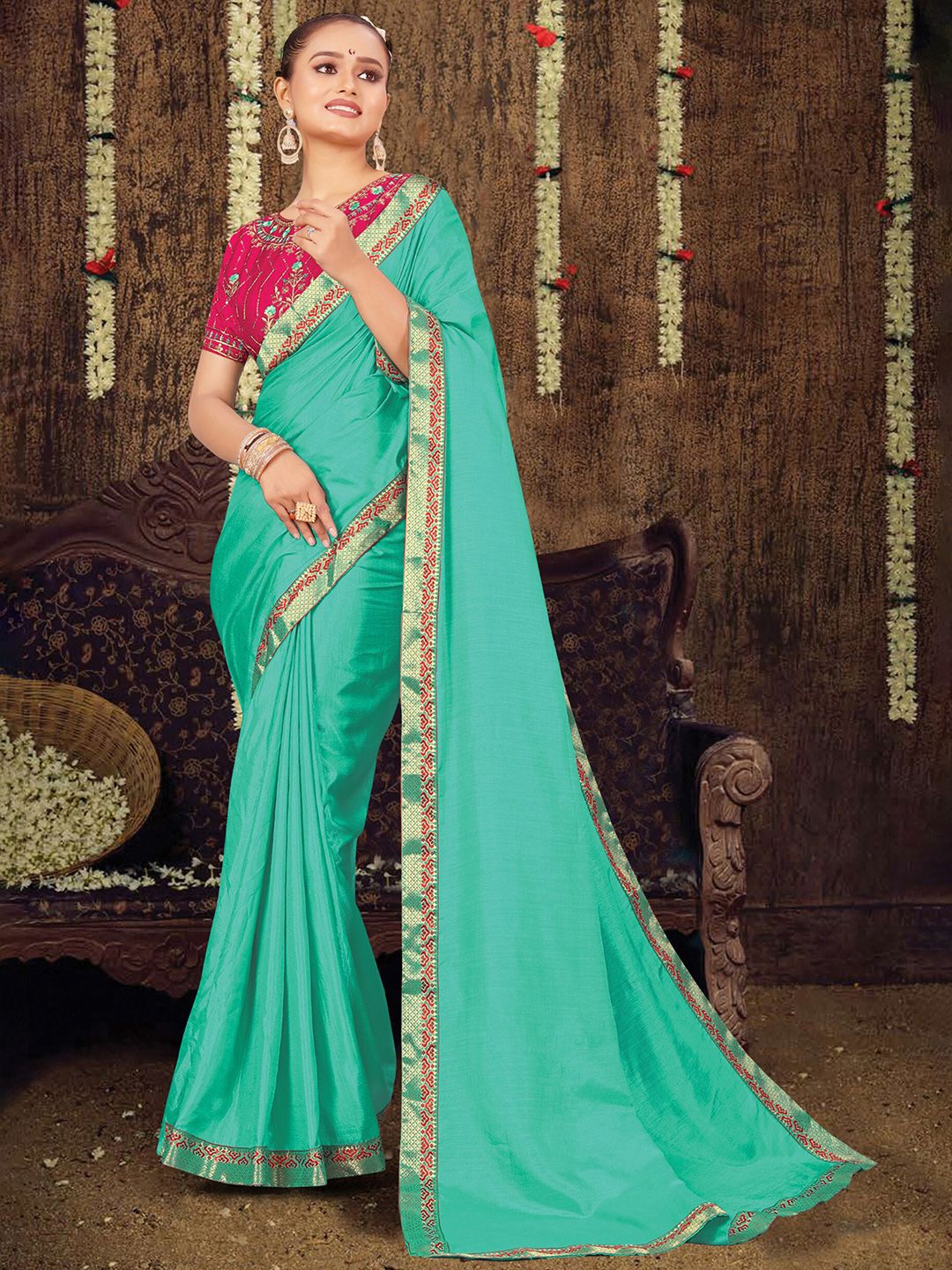 KALINI Sea Green & Pink Zari Silk Blend Designer Saree Price in India