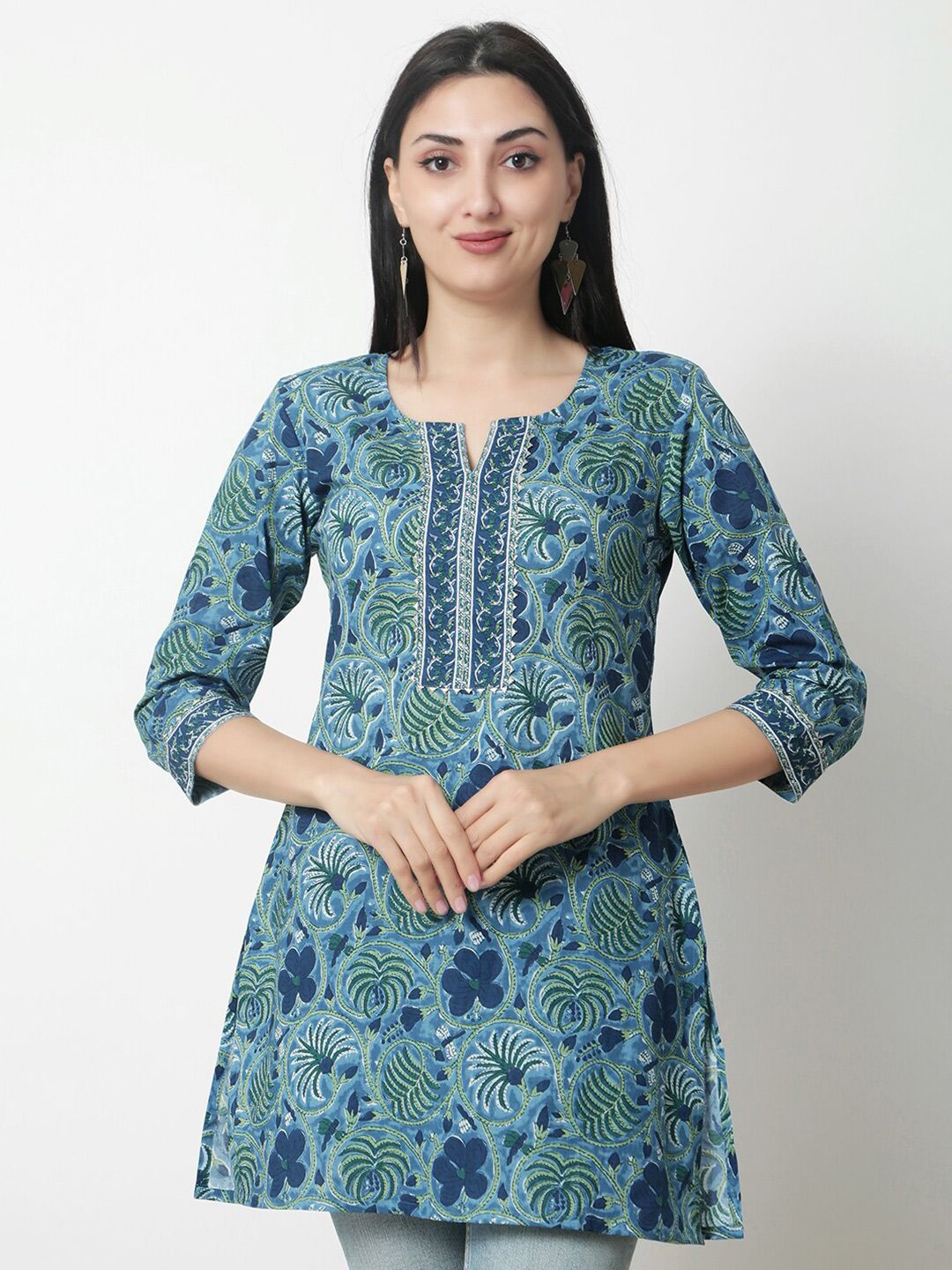 KALINI Blue Floral Print Cotton Top Price in India