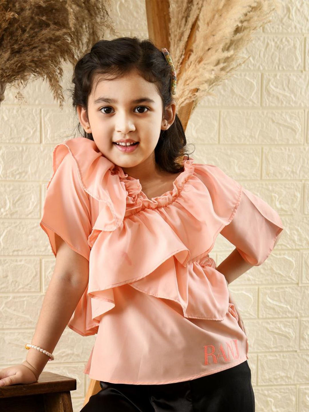 BAESD Girls Round Neck Gathered Body And Ruffle Sleeve Crepe Top Price in India