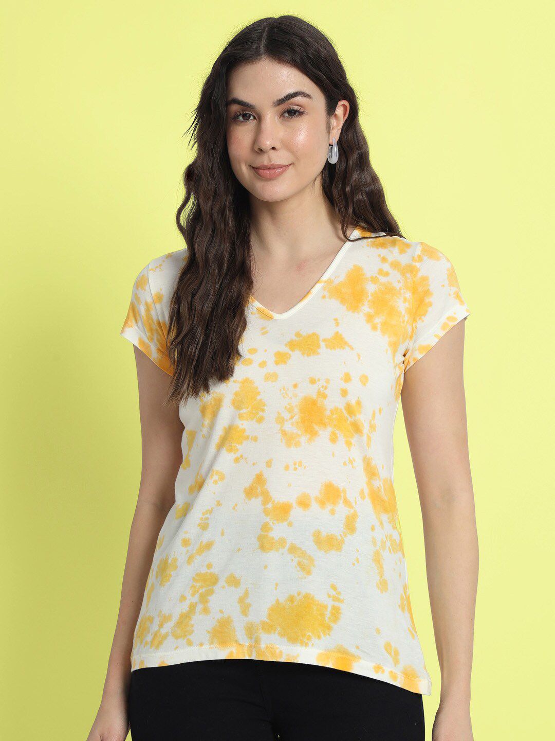 CHARMGAL Women Yellow Tie and Dye Dyed V-Neck T-shirt Price in India