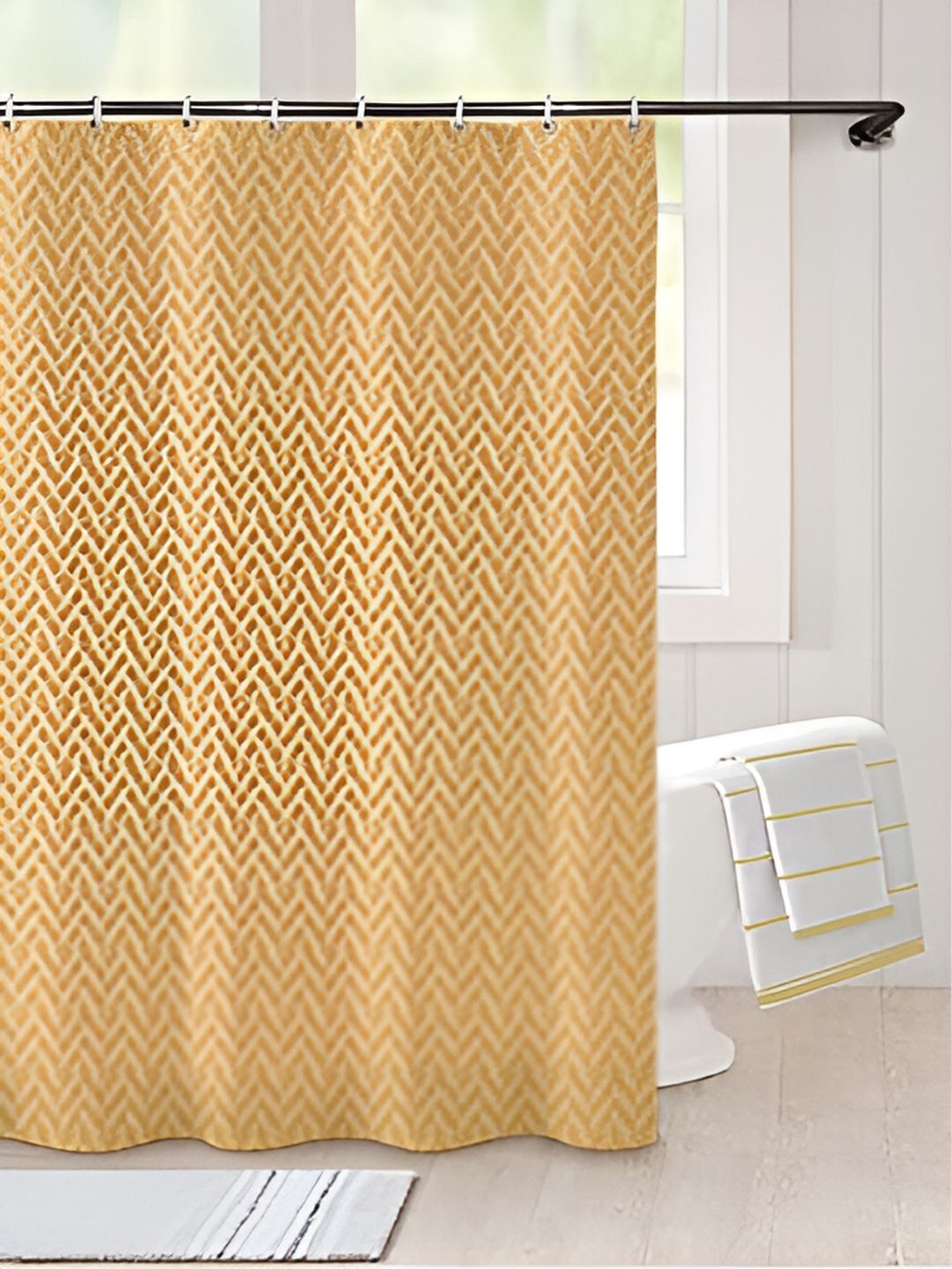 Lushomes Beige Geometric Printed Waterproof Shower Curtain
