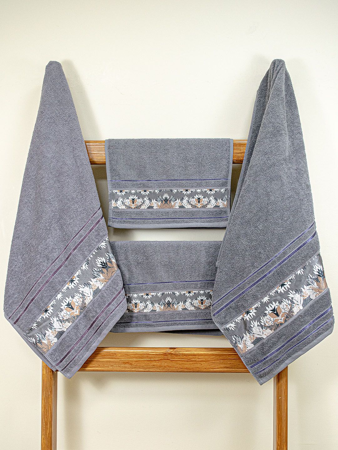 Aura Grey Melange 4 Pieces Printed Cotton 450 GSM Towel Set