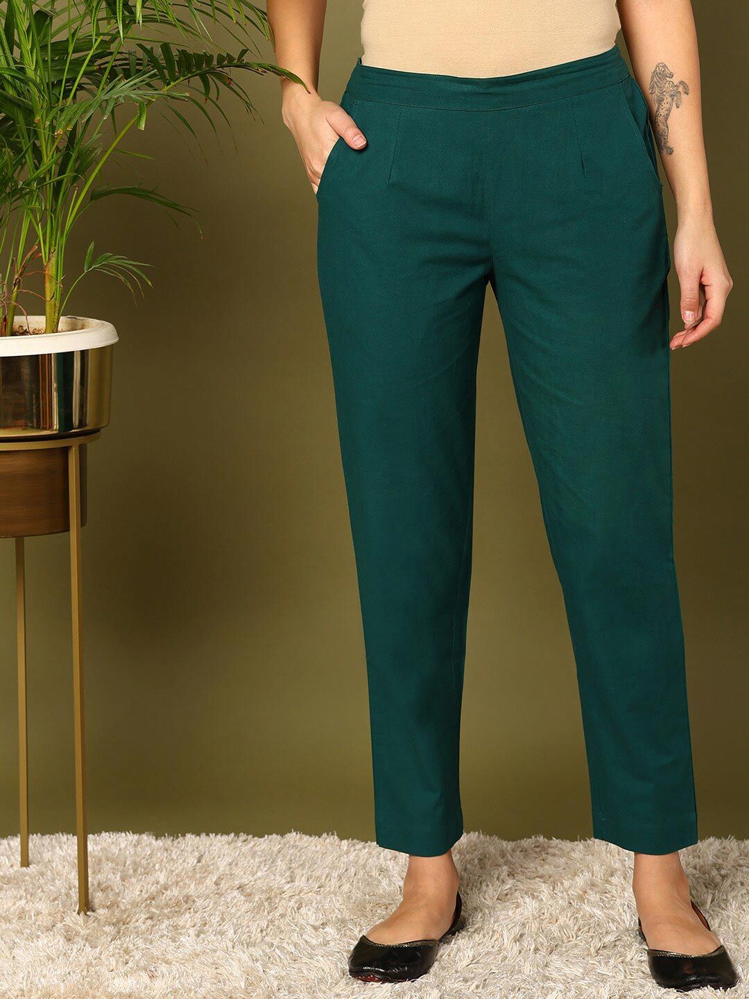 mokshi Women Mid-Rise Pure Cotton Trousers Price in India