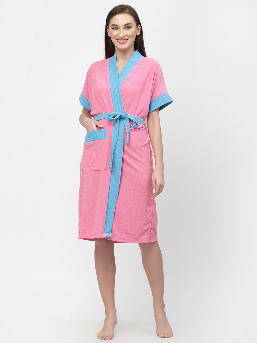POORAK Pink & Blue shawl collar Colourblocked Bath Robe