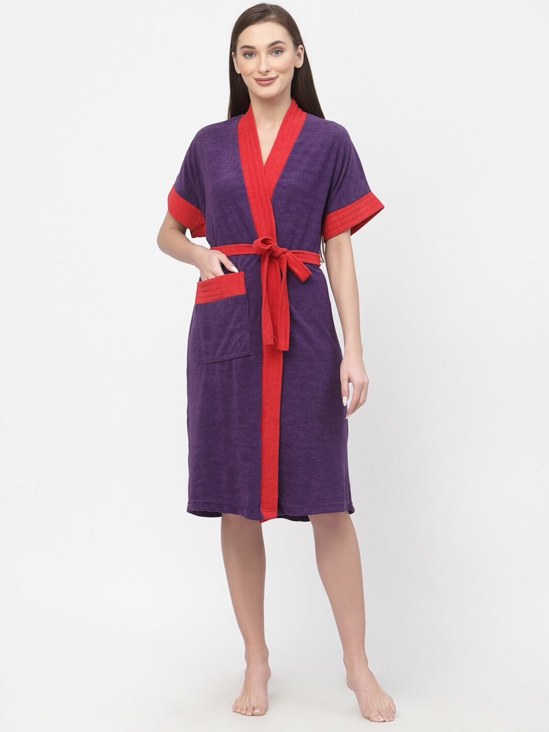 POORAK Purple & Red Colourblocked Bath Robe
