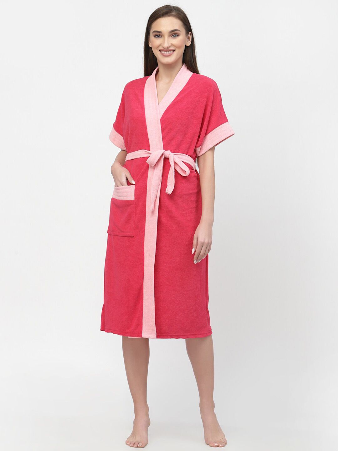 POORAK Women Colourblocked Bath Robe With A Fabric Belt