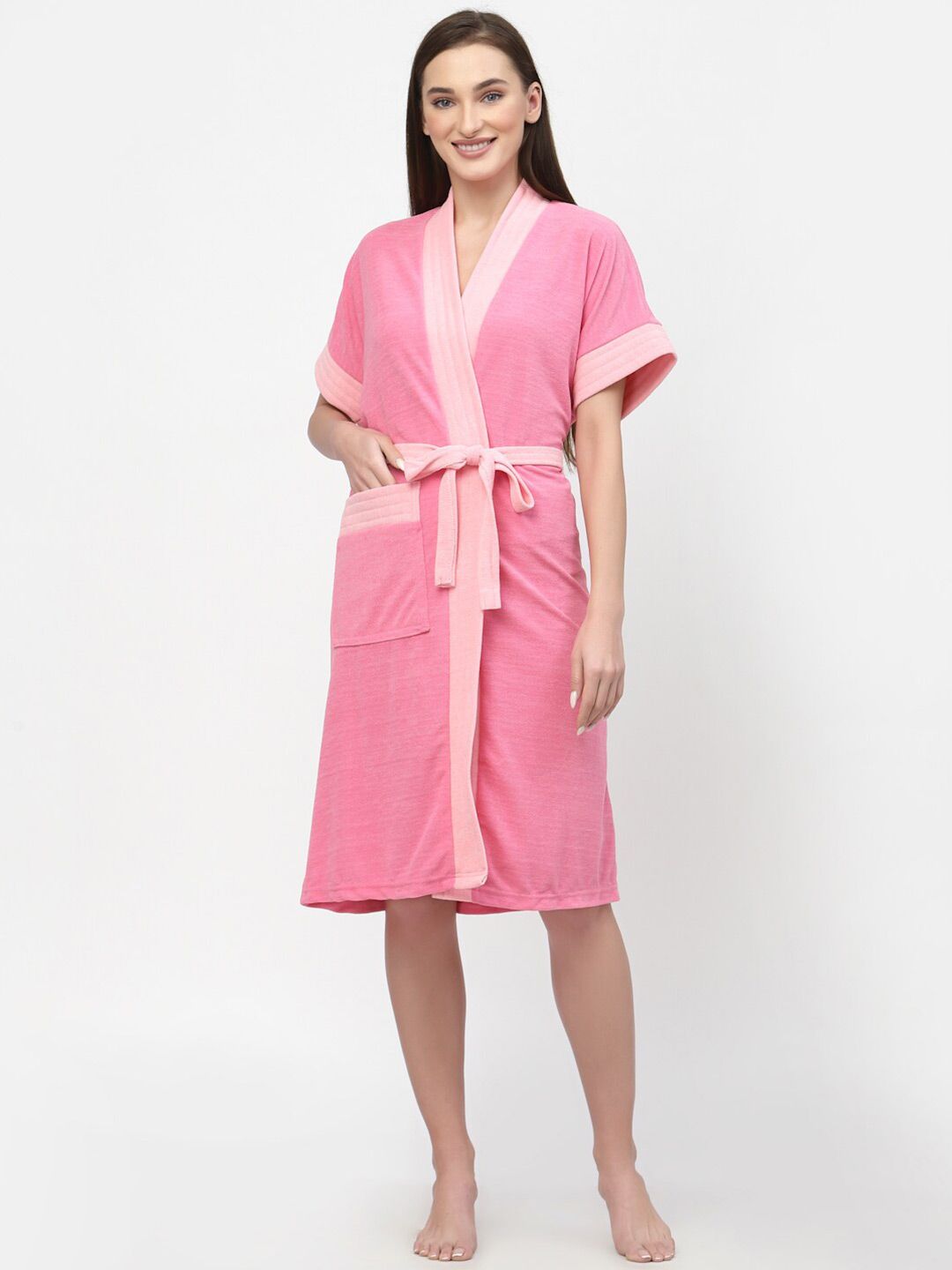 POORAK Women Colourblocked Shawl Collar Bath Robe With A Fabric Belt