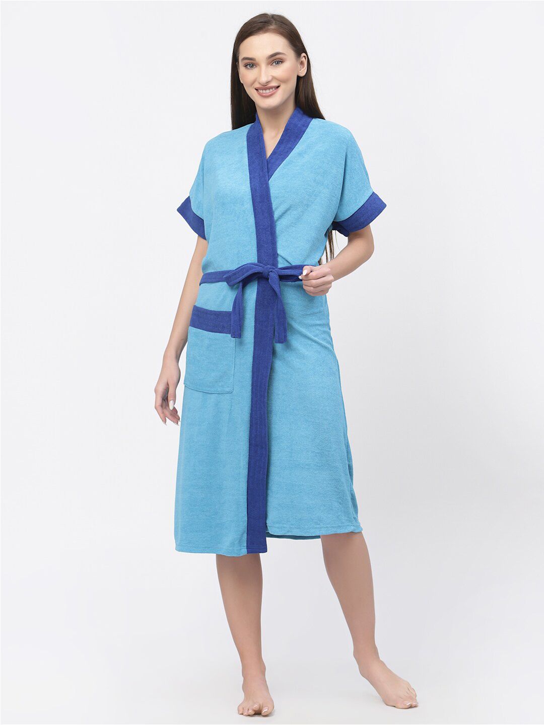 POORAK Blue Colourblocked Bath Robe
