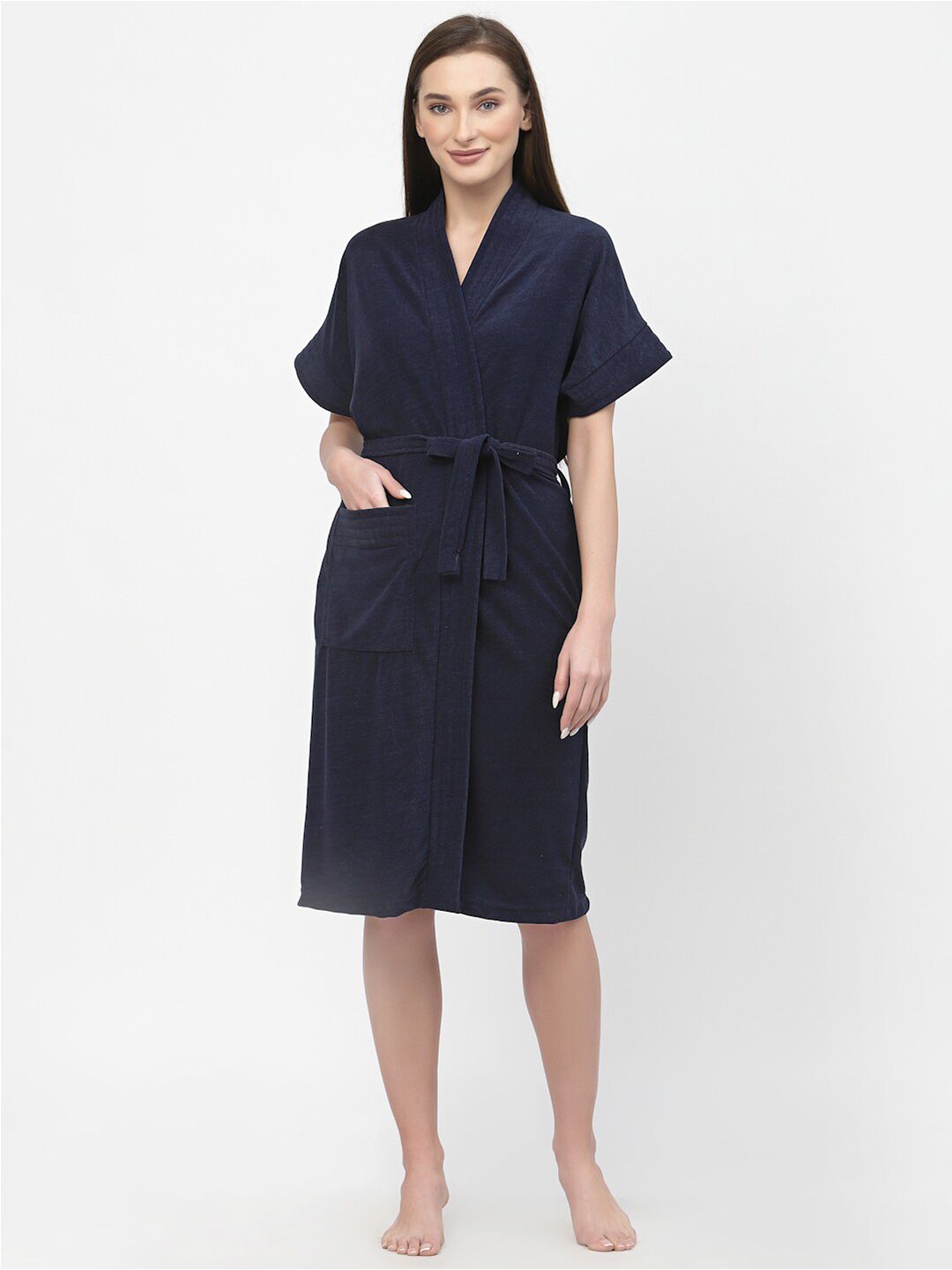 POORAK Navy Blue Shawl Collar Bath Robe