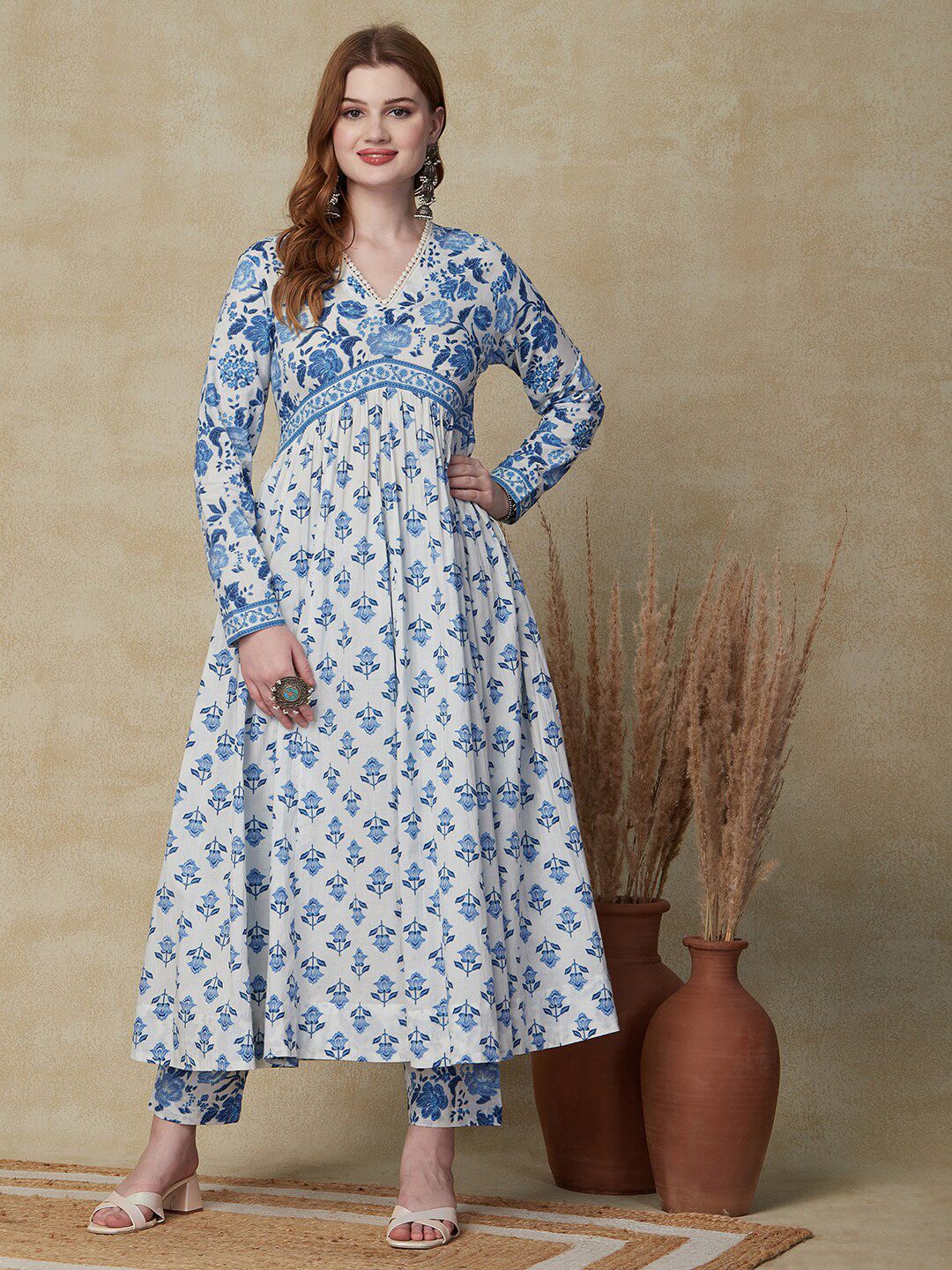 FASHOR Floral Printed Anarkali Empire Cotton Kurta with Trousers Price in India