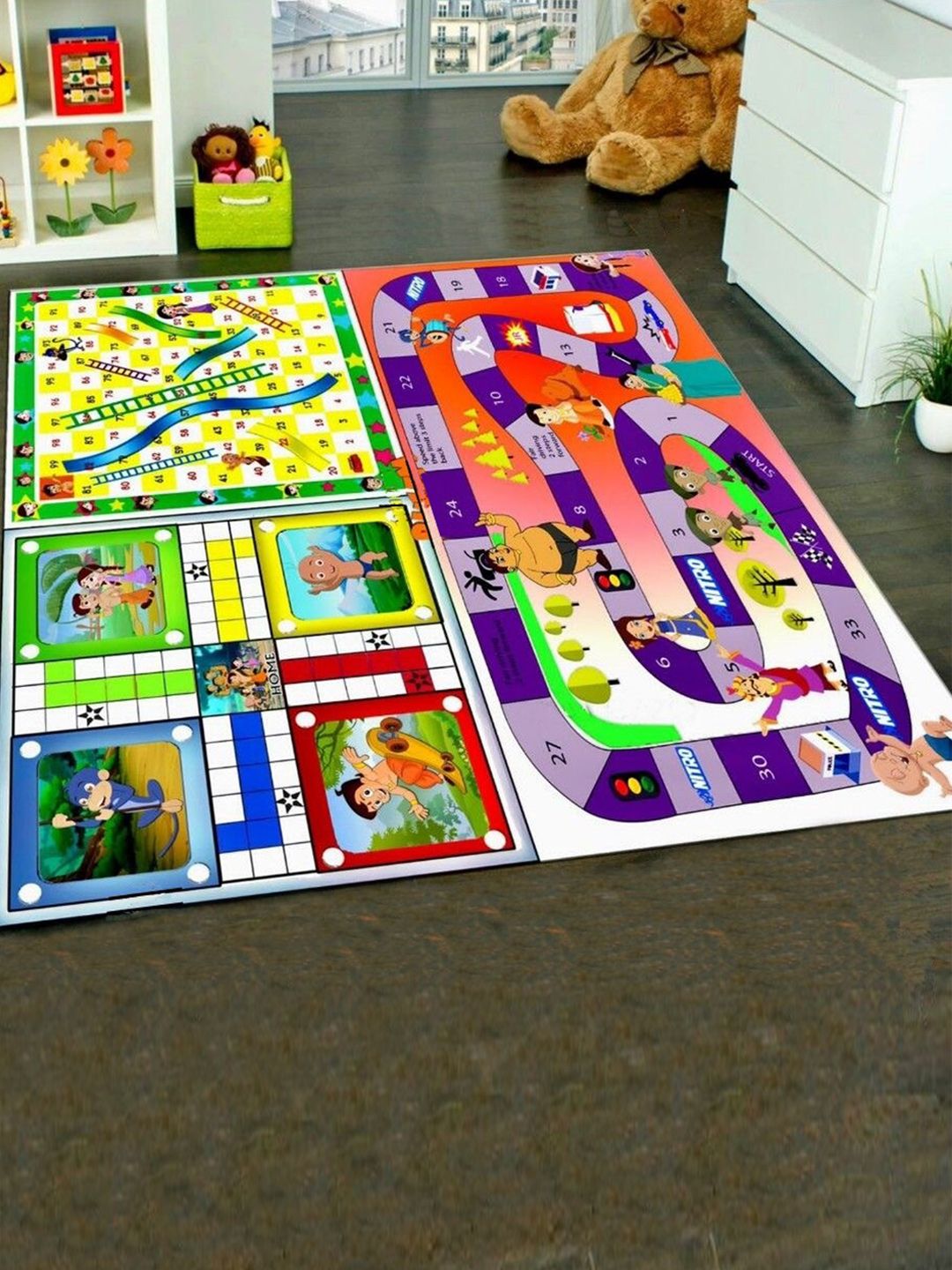 MUREN Kids Jumbo Reversible Chota Bheem 3 in 1 Ludo Snake & Ladder Play Mat With Dice