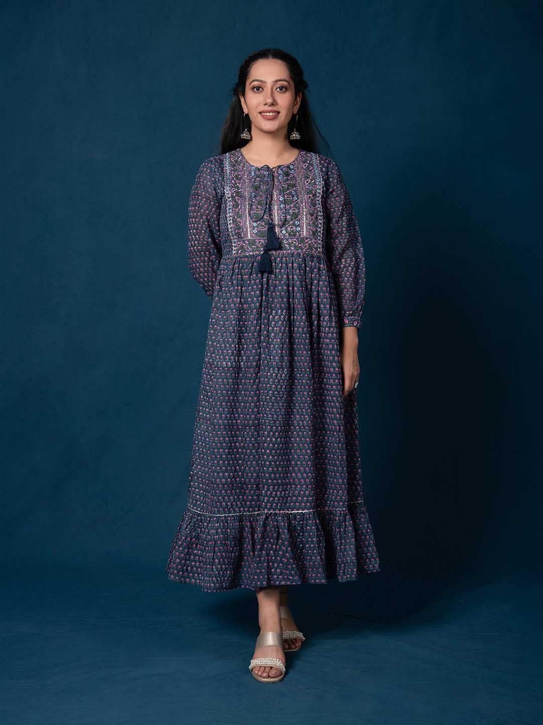 mulmul.com Ethnic Motifs Printed Tie-Up Neck Puff Sleeve Gathered Cotton Maxi Dress Price in India