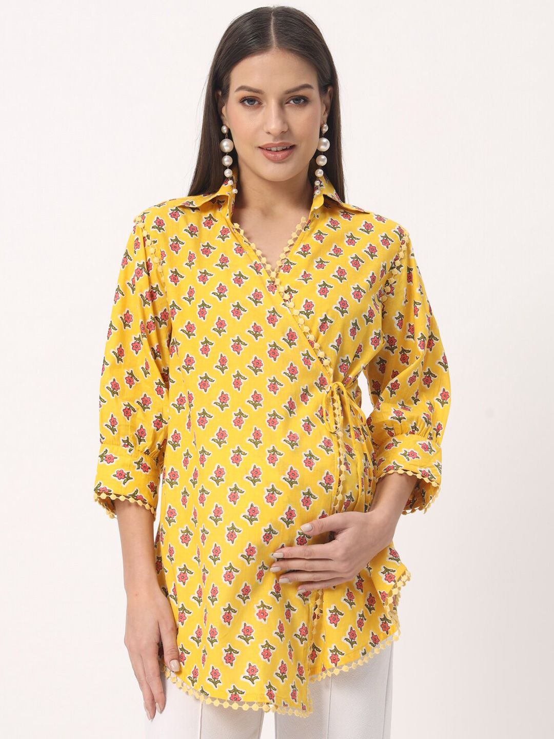 angloindu Yellow Floral Print Cotton Shirt Style Longline Top Price in India