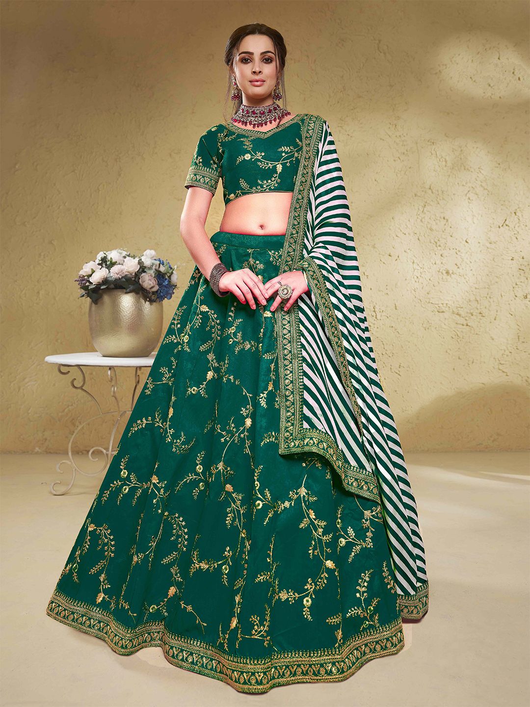 FABPIXEL Green Embroidered Sequinned Semi-Stitched Lehenga & Unstitched Blouse With Dupatta Price in India