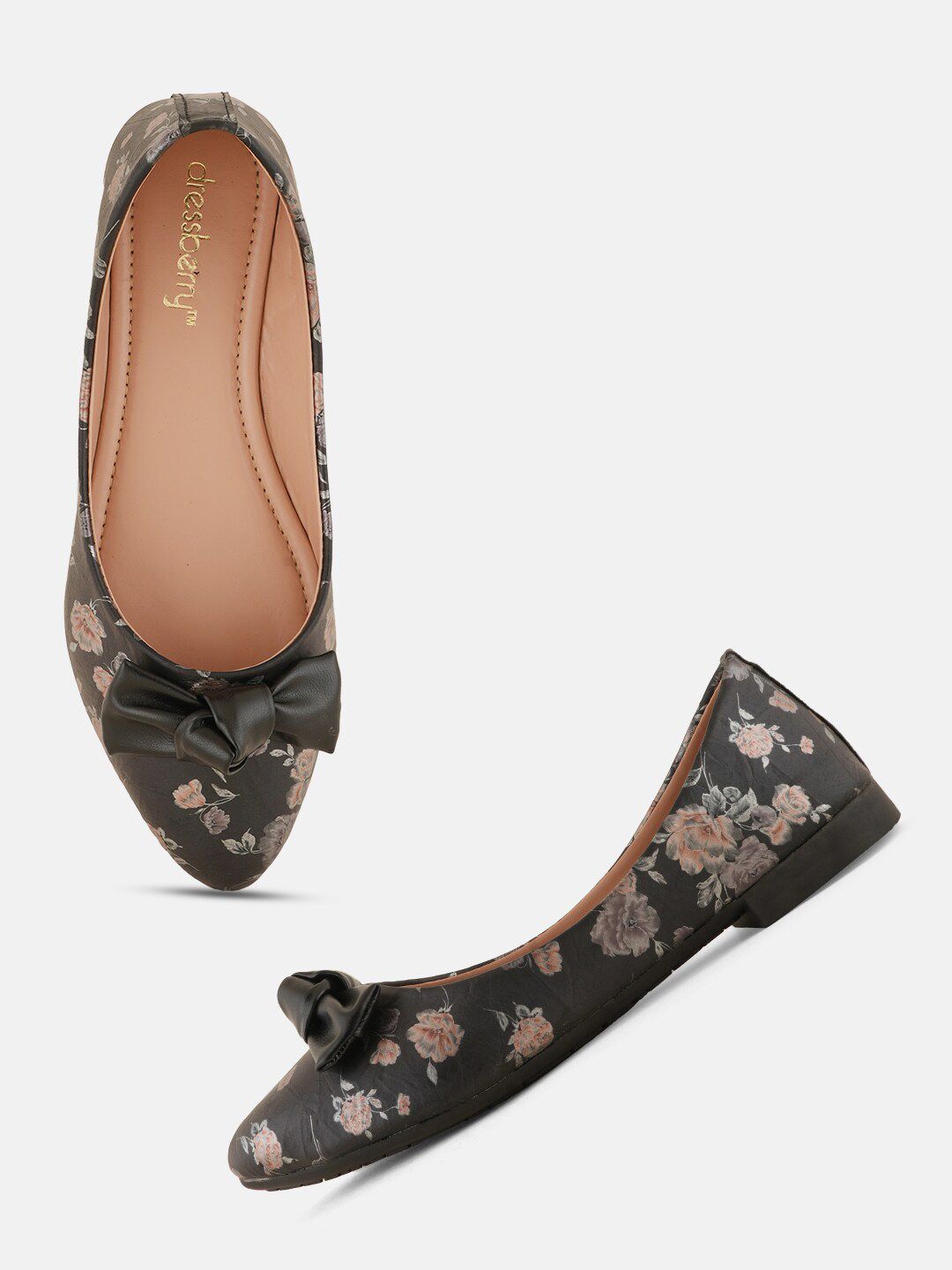 DressBerry Black Printed Bows Detail Pointed Toe Ballerinas Flats Price in India