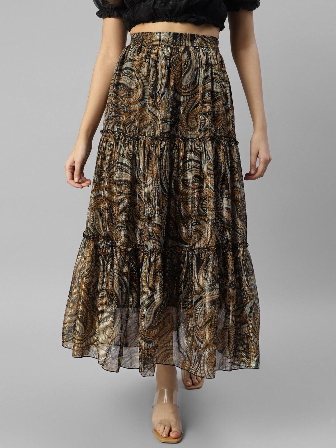 DEEBACO Abstract Printed Chiffon Tiered Maxi Skirts