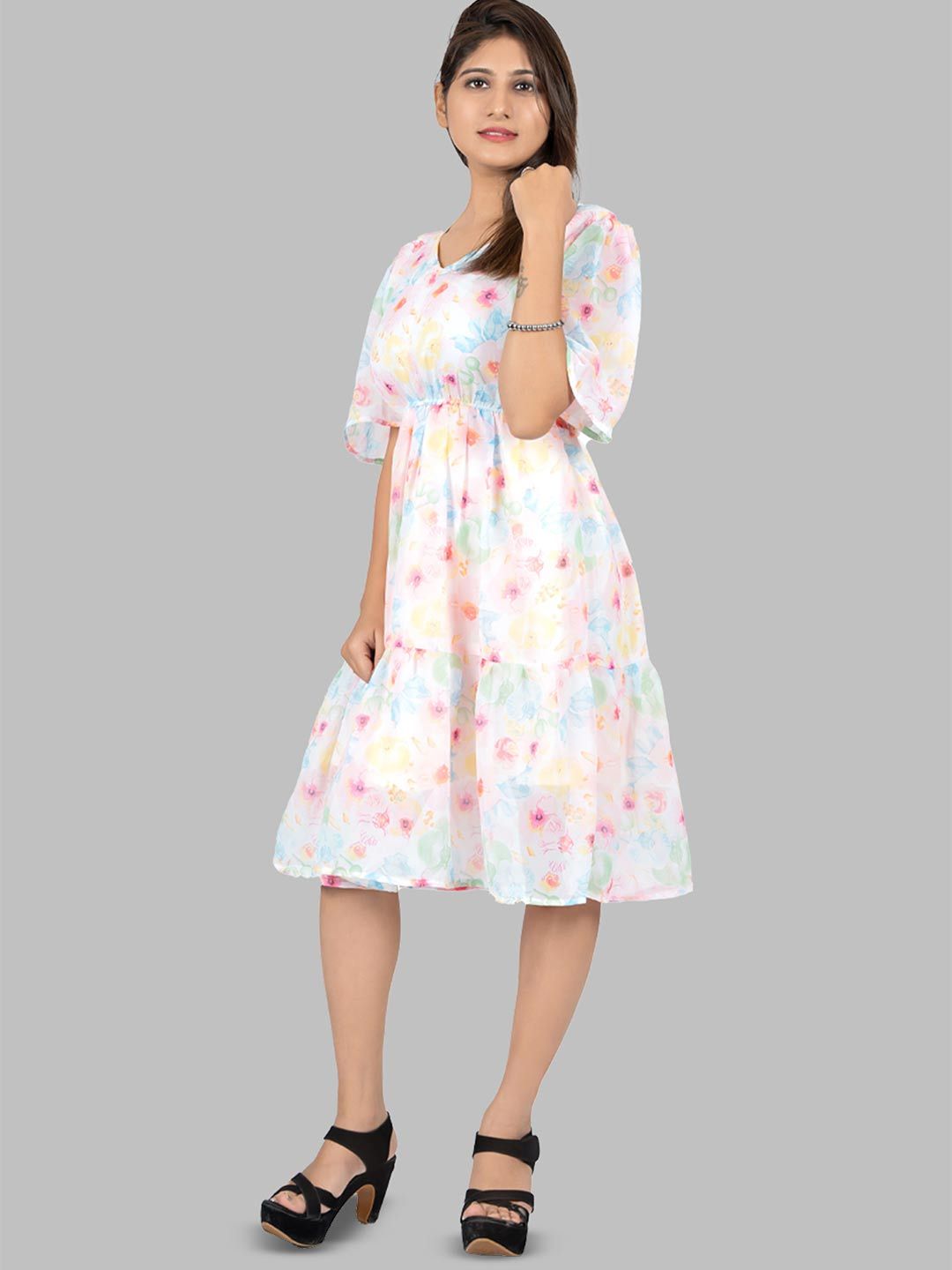 N N ENTERPRISE V-neck Floral Printed Short Flared Sleeves A-Line Dress Price in India
