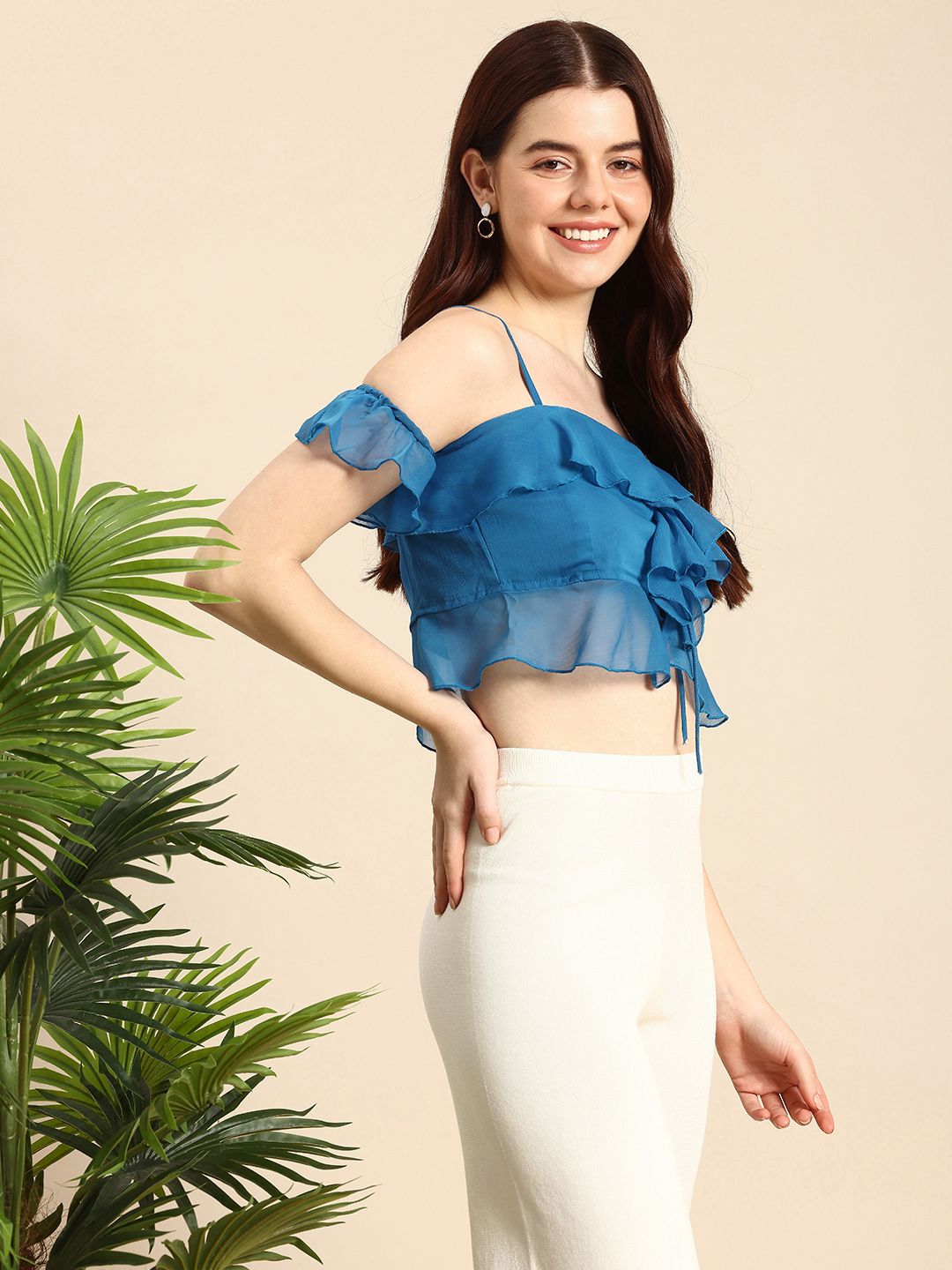 Buy Mast & Harbour Cold-Shoulder Ruffles Tie-Up Crop Top - Tops