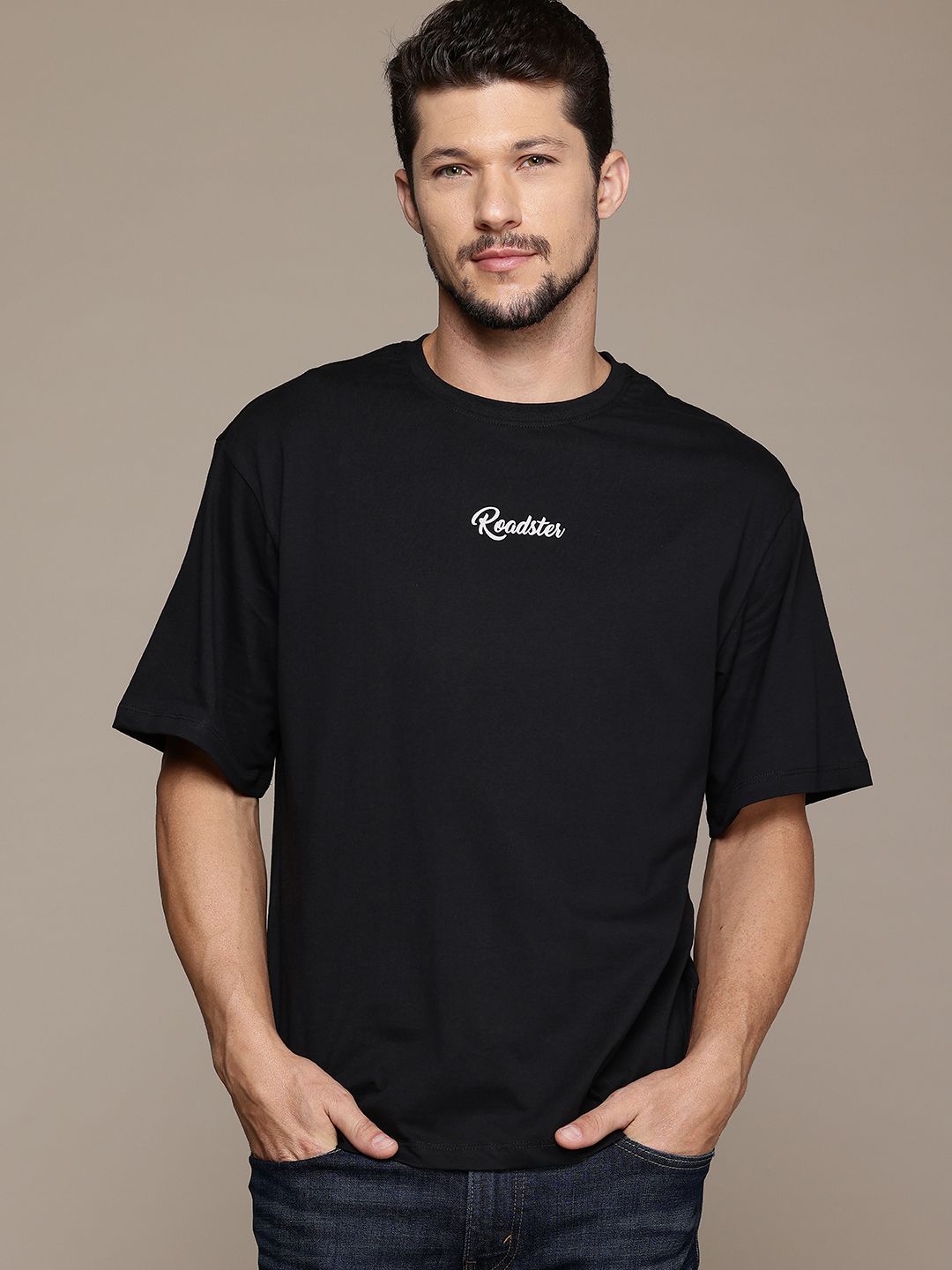 The Roadster Lifestyle Co. Printed Drop-Shoulder Sleeves Pure Cotton Relaxed T-shirt