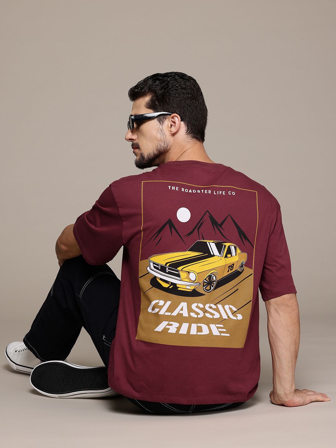 The Roadster Lifestyle Co. Printed Drop-Shoulder Sleeves Pure Cotton Relaxed T-shirt