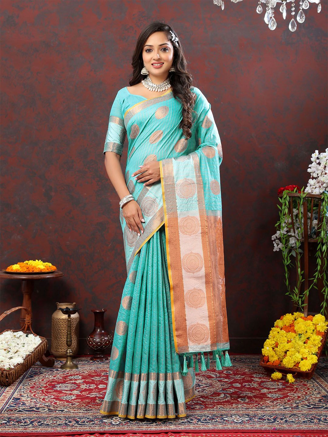 Divyadham Textiles Turquoise Blue & Copper-Toned Ethnic Motifs Zari Silk Cotton Banarasi Saree Price in India