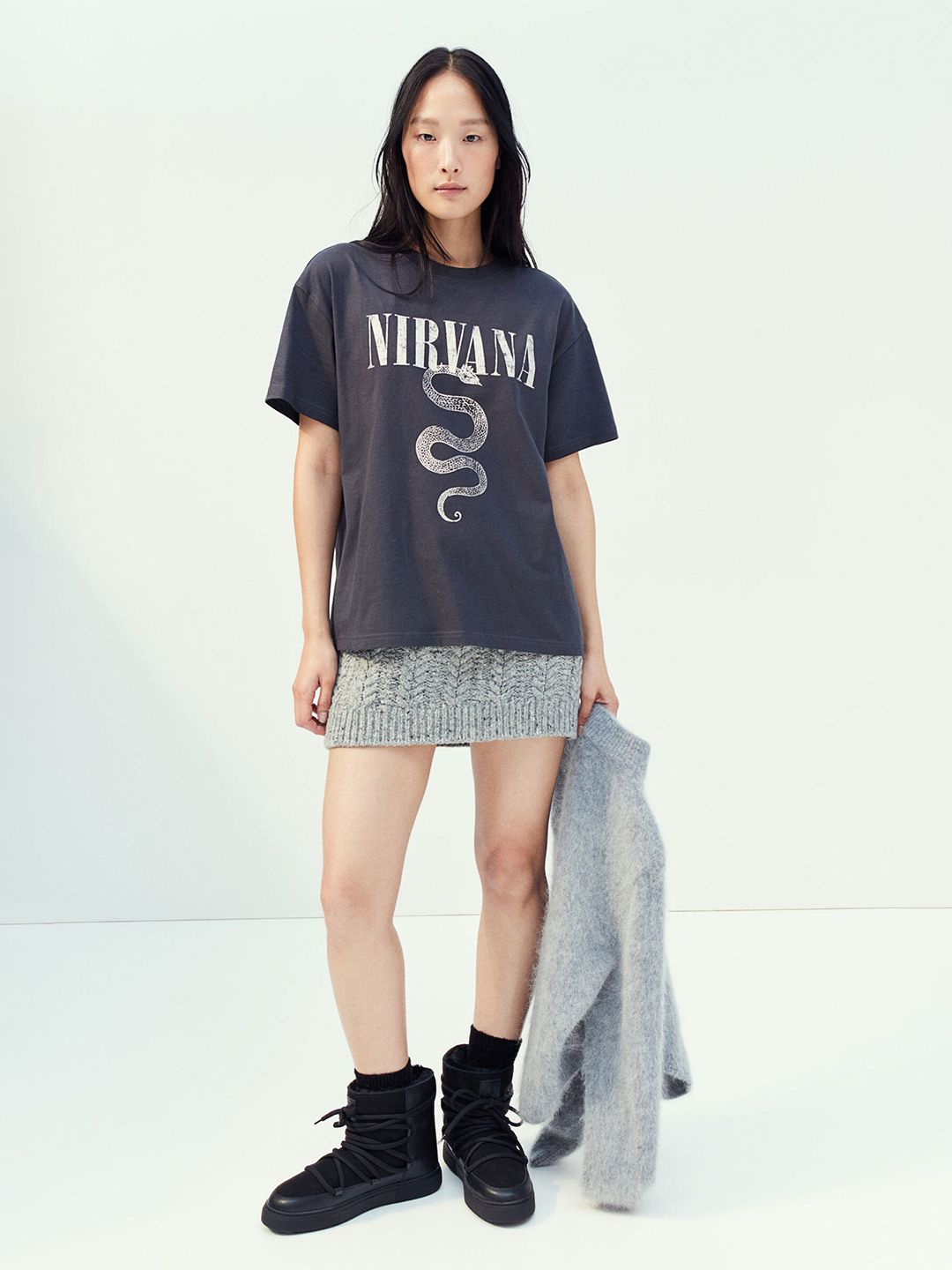 H&M Oversized Nirvana Printed Pure Cotton T-Shirt Price in India